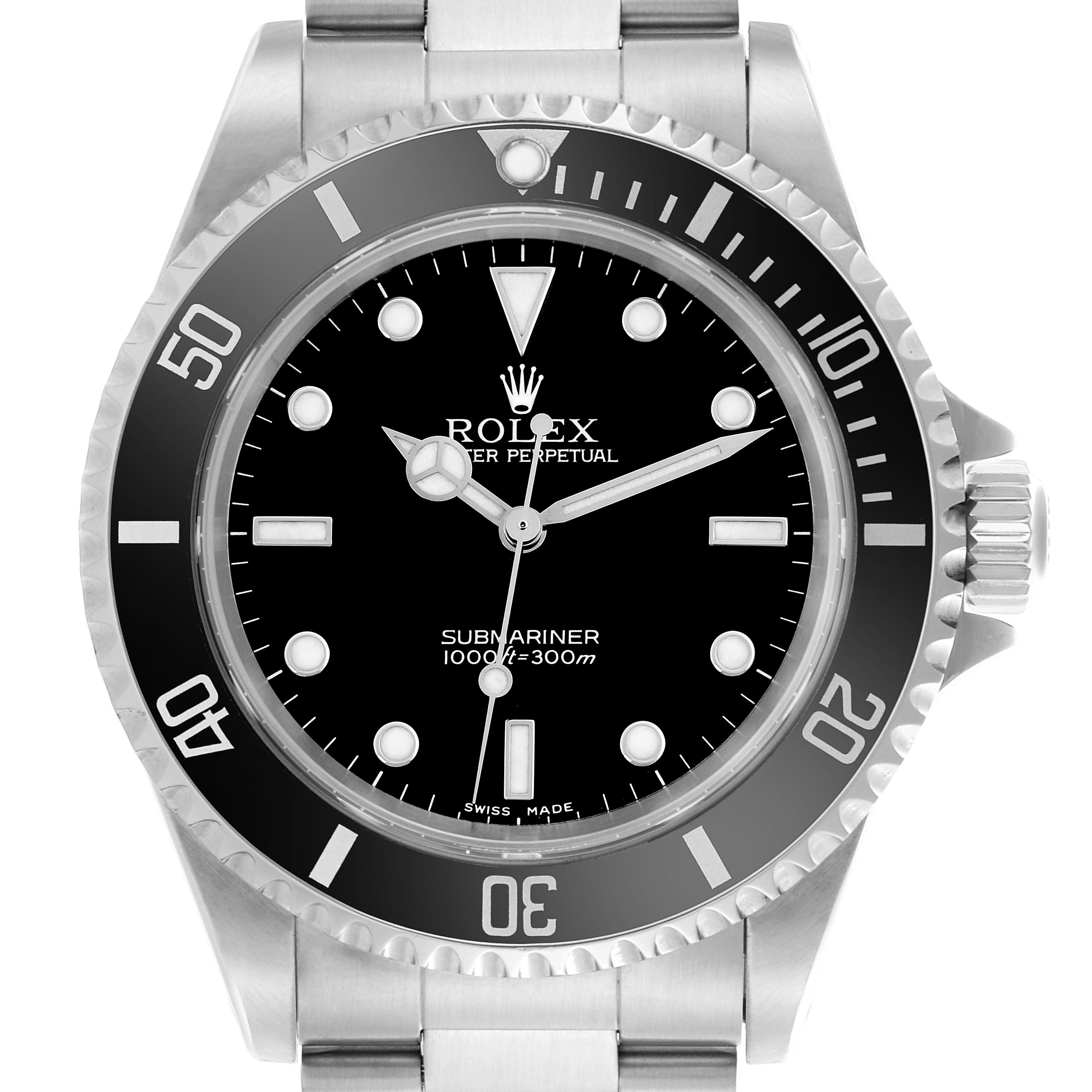 The image shows a front view of a Rolex Submariner 14060 Men's Stainless Steel Black Dial 14060 Men's Stainless Steel Black Dial, highlighting the dial, bezel, and crown.