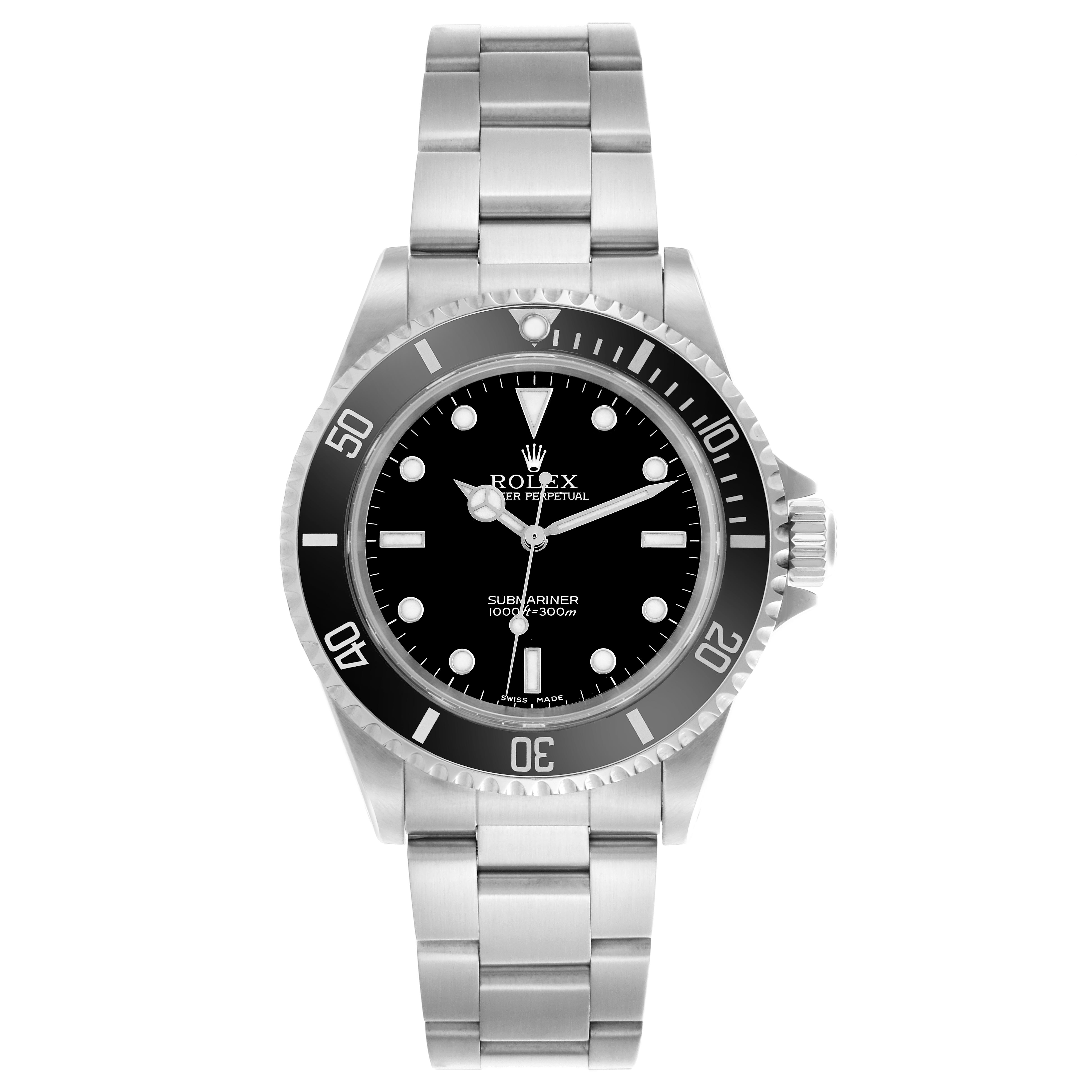 The Rolex Submariner 14060 Men's Stainless Steel Black Dial 14060 Men's Stainless Steel Black Dial watch is shown from a front angle, displaying the dial, bezel, and bracelet clearly.