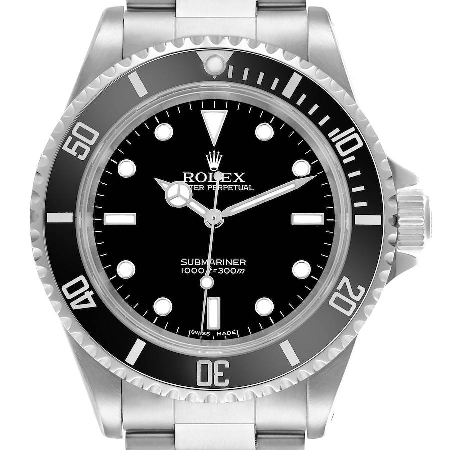 The image shows a front view of a Rolex Submariner watch, highlighting the bezel, dial, and bracelet.