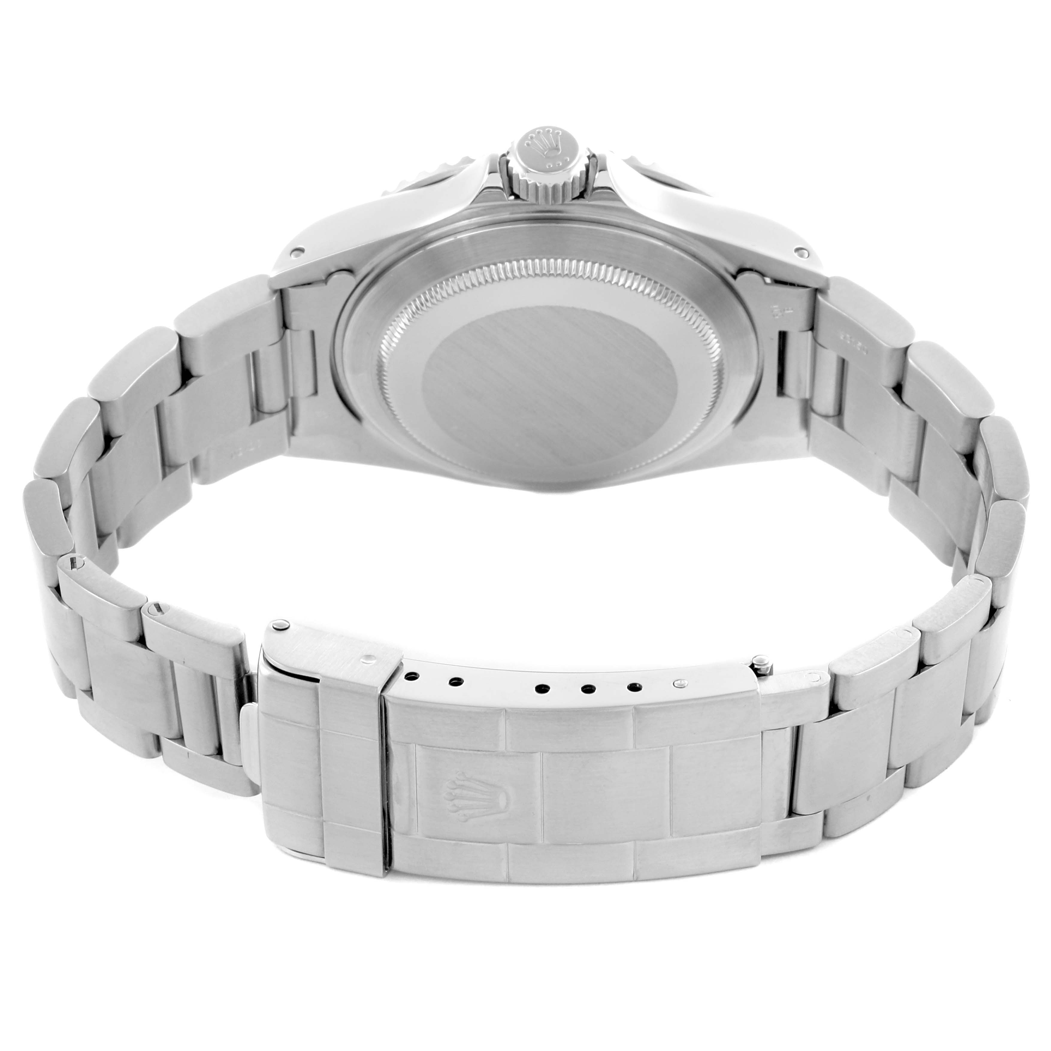 The image shows the back view of a Rolex Submariner 14060M Men's Stainless Steel Black Dial 14060M Men's Stainless Steel Black Dial, highlighting the case back, bracelet, and clasp.