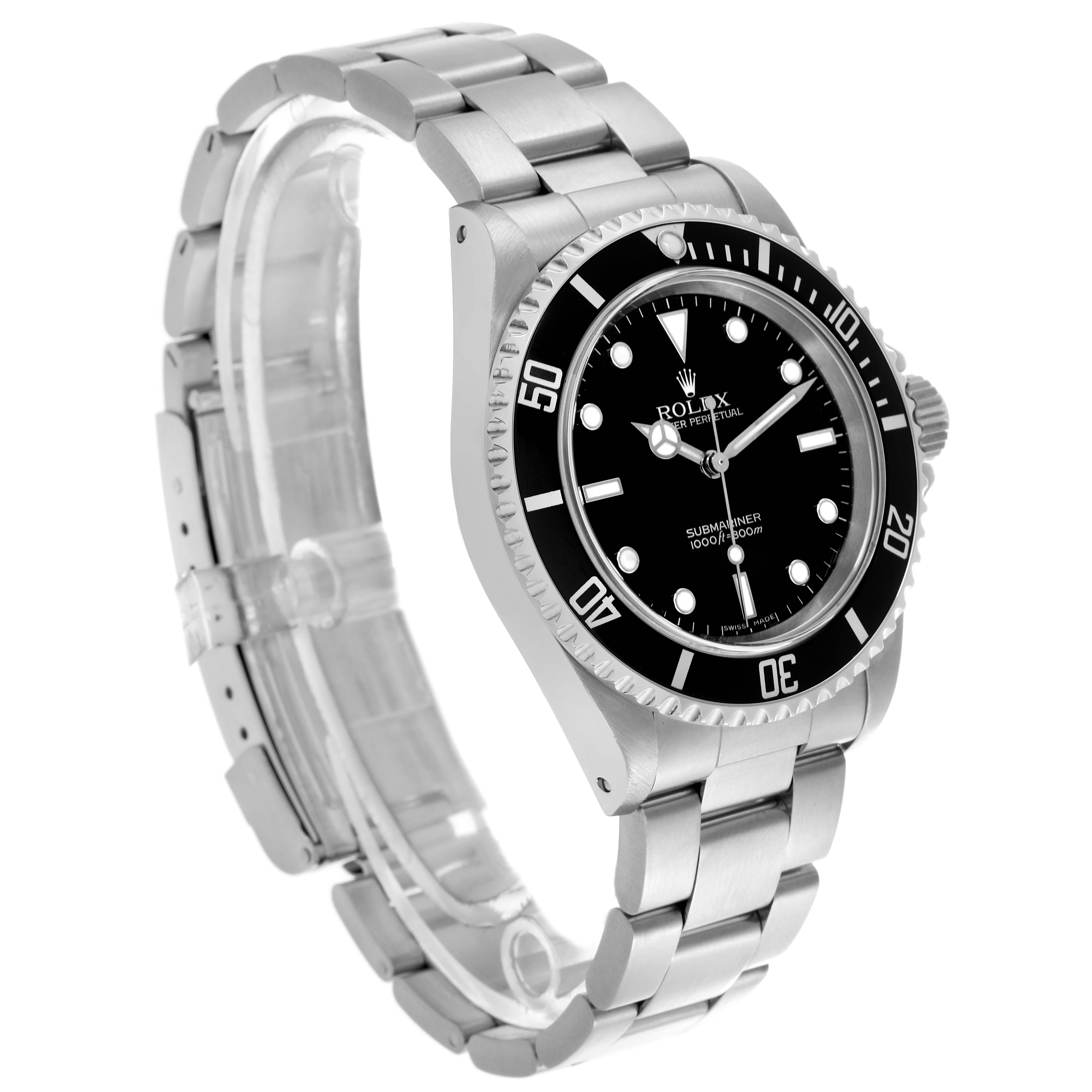 The Rolex Submariner 14060M Men's Stainless Steel Black Dial 14060M Men's Stainless Steel Black Dial watch is shown at a three-quarter angle, highlighting the bezel, dial, and metal bracelet.