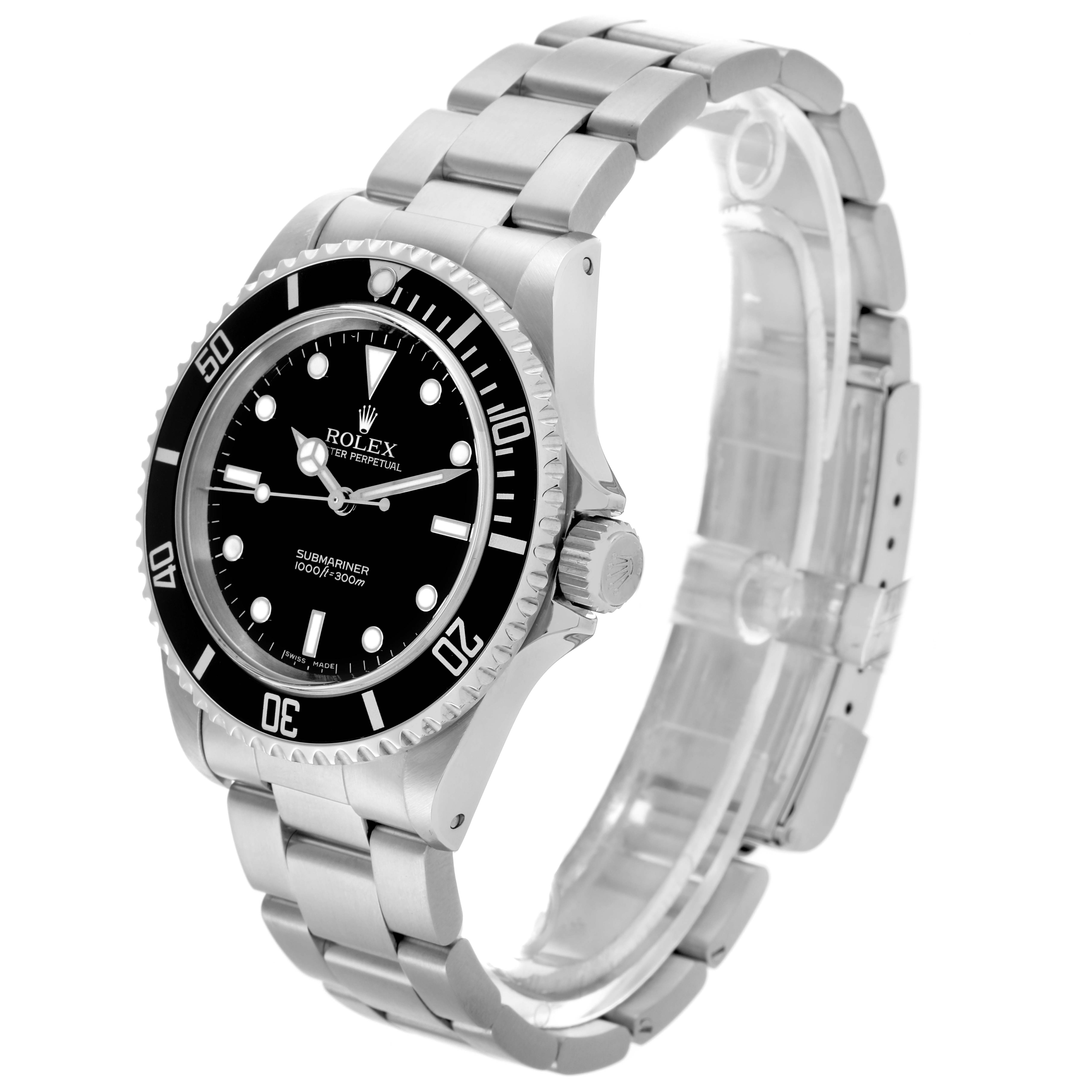 The Rolex Submariner 14060M Men's Stainless Steel Black Dial 14060M Men's Stainless Steel Black Dial watch is shown from a three-quarter angle, highlighting the dial, bezel, case, and bracelet.