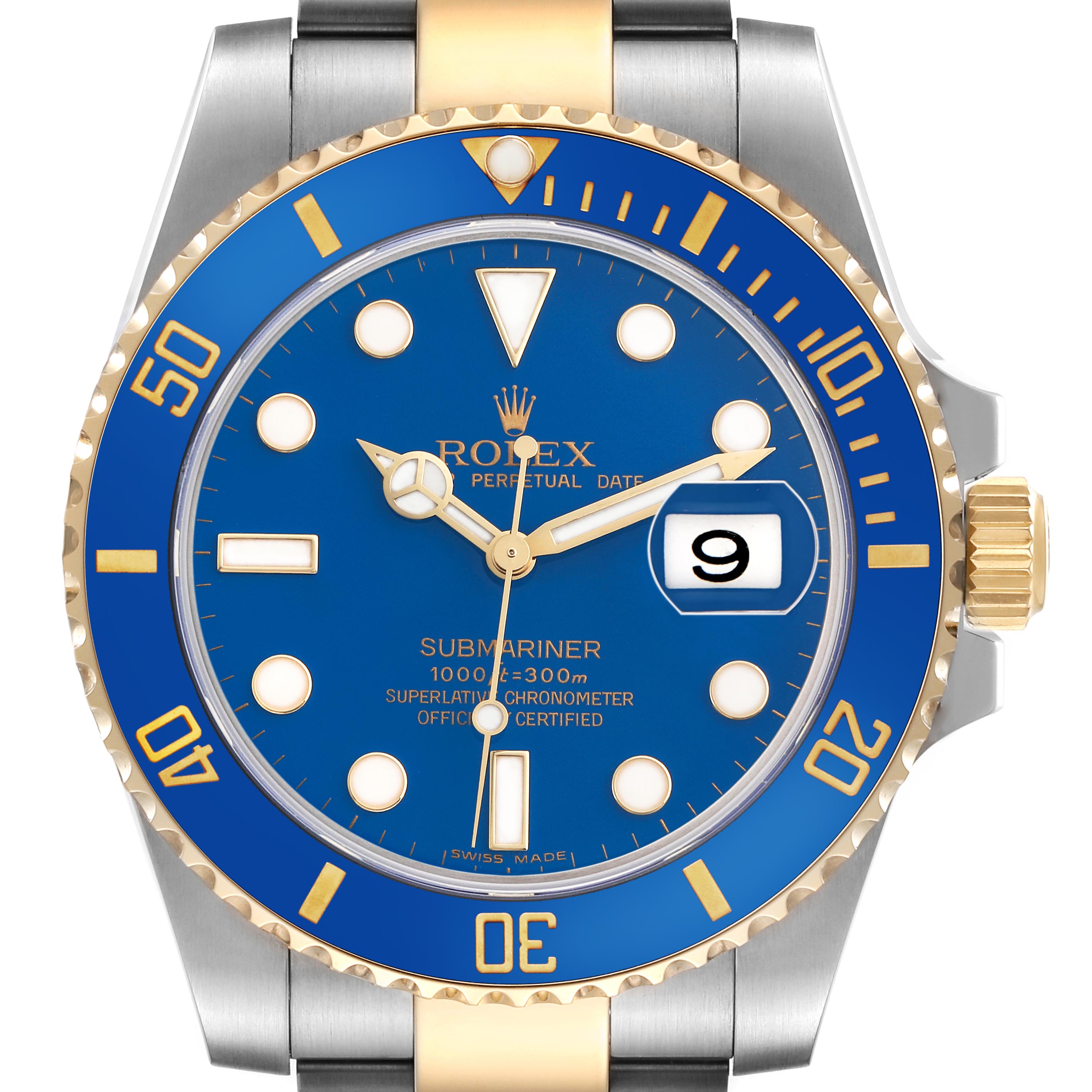 The image shows a frontal view of the Rolex Submariner 116613 Men's Steel and Gold (two tone) Blue Dial 116613 Men's Steel and Gold (two tone) Blue Dial, highlighting its blue dial, bezel, and date magnifier.