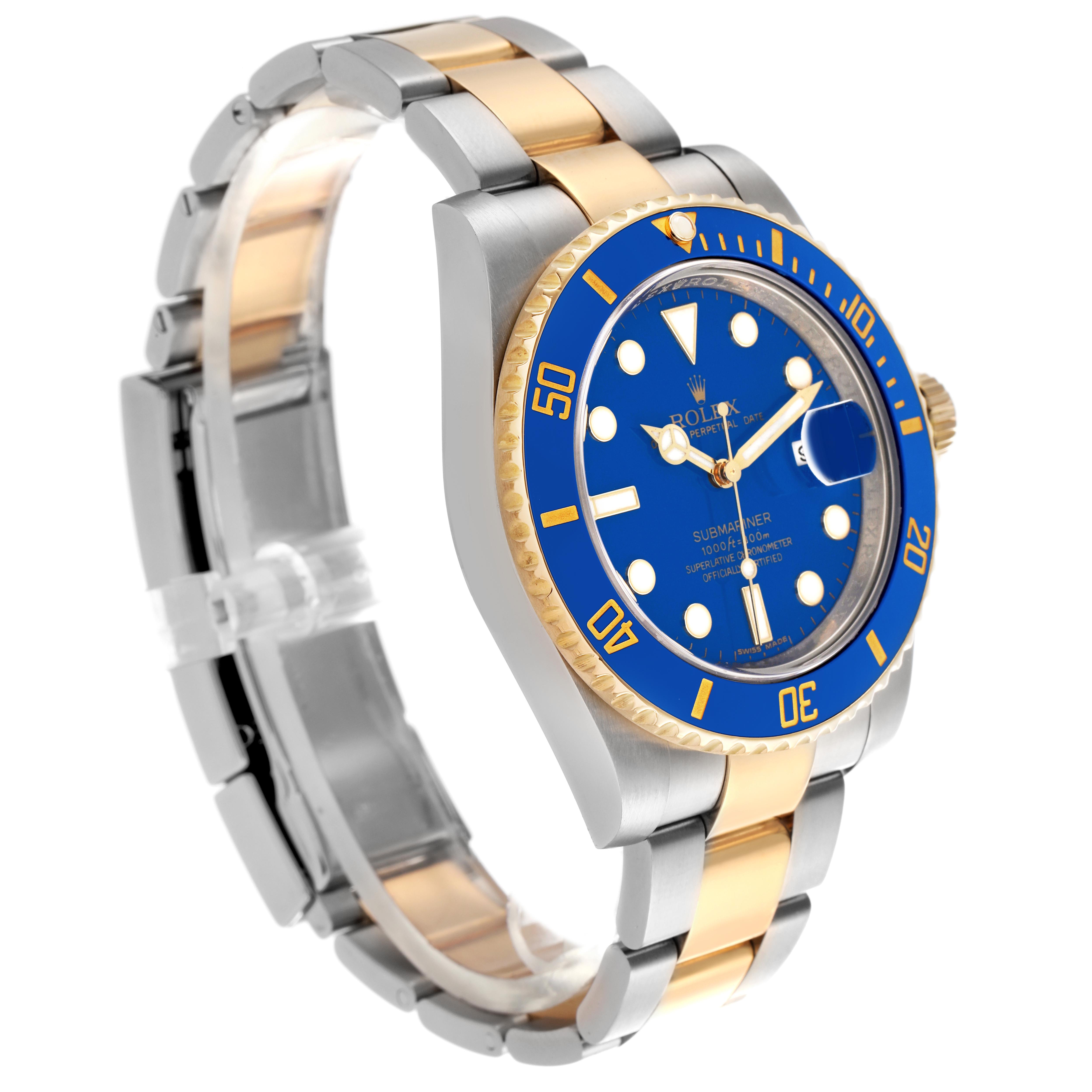The Rolex Submariner 116613 Men's Steel and Gold (two tone) Blue Dial 116613 Men's Steel and Gold (two tone) Blue Dial is shown at an angled side view, highlighting the blue dial, bezel, and two-tone bracelet.