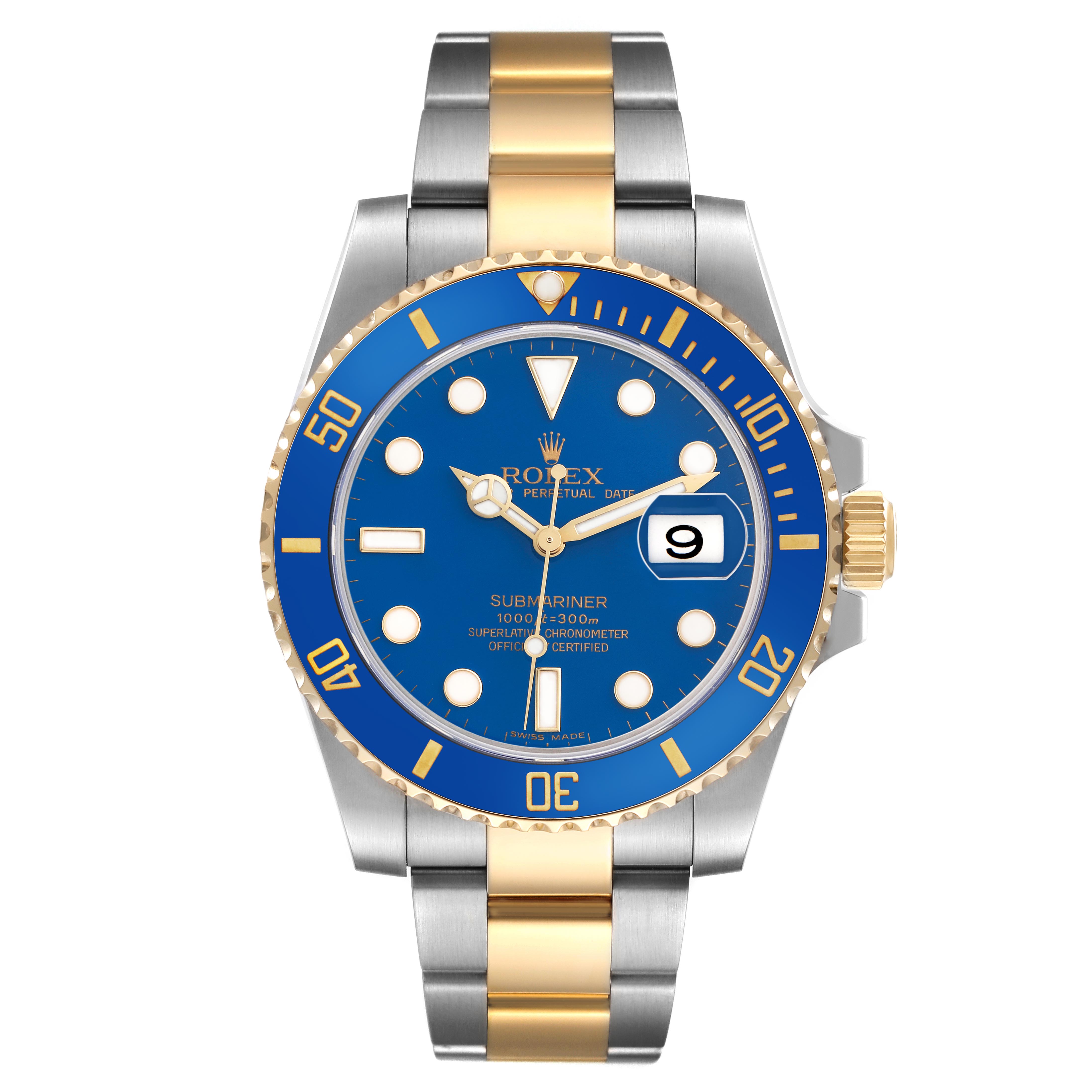 The Rolex Submariner 116613 Men's Steel and Gold (two tone) Blue Dial 116613 Men's Steel and Gold (two tone) Blue Dial watch is shown from a front angle, highlighting the blue dial, bezel, and two-tone bracelet.
