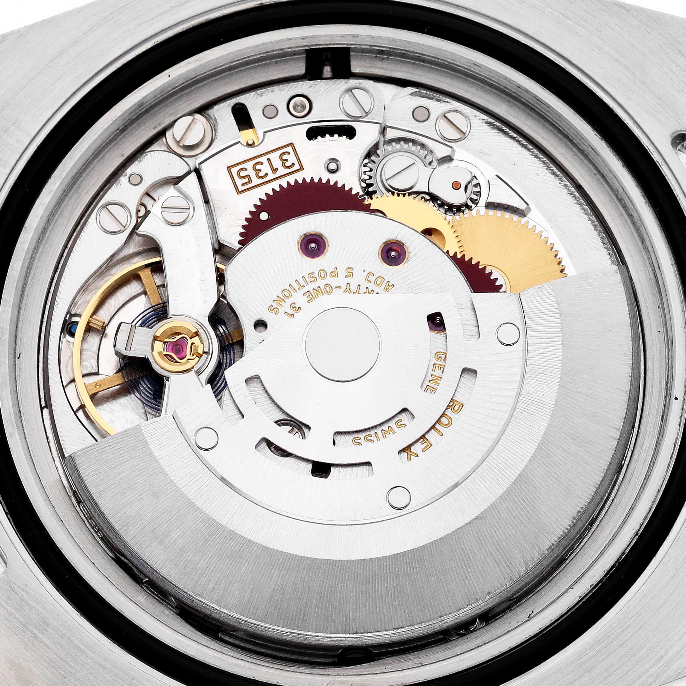 The image shows the Rolex Submariner 116613 Men's Steel and Gold (two tone) Blue Dial 116613 Men's Steel and Gold (two tone) Blue Dial's movement from a top-down angle, highlighting gears and components.