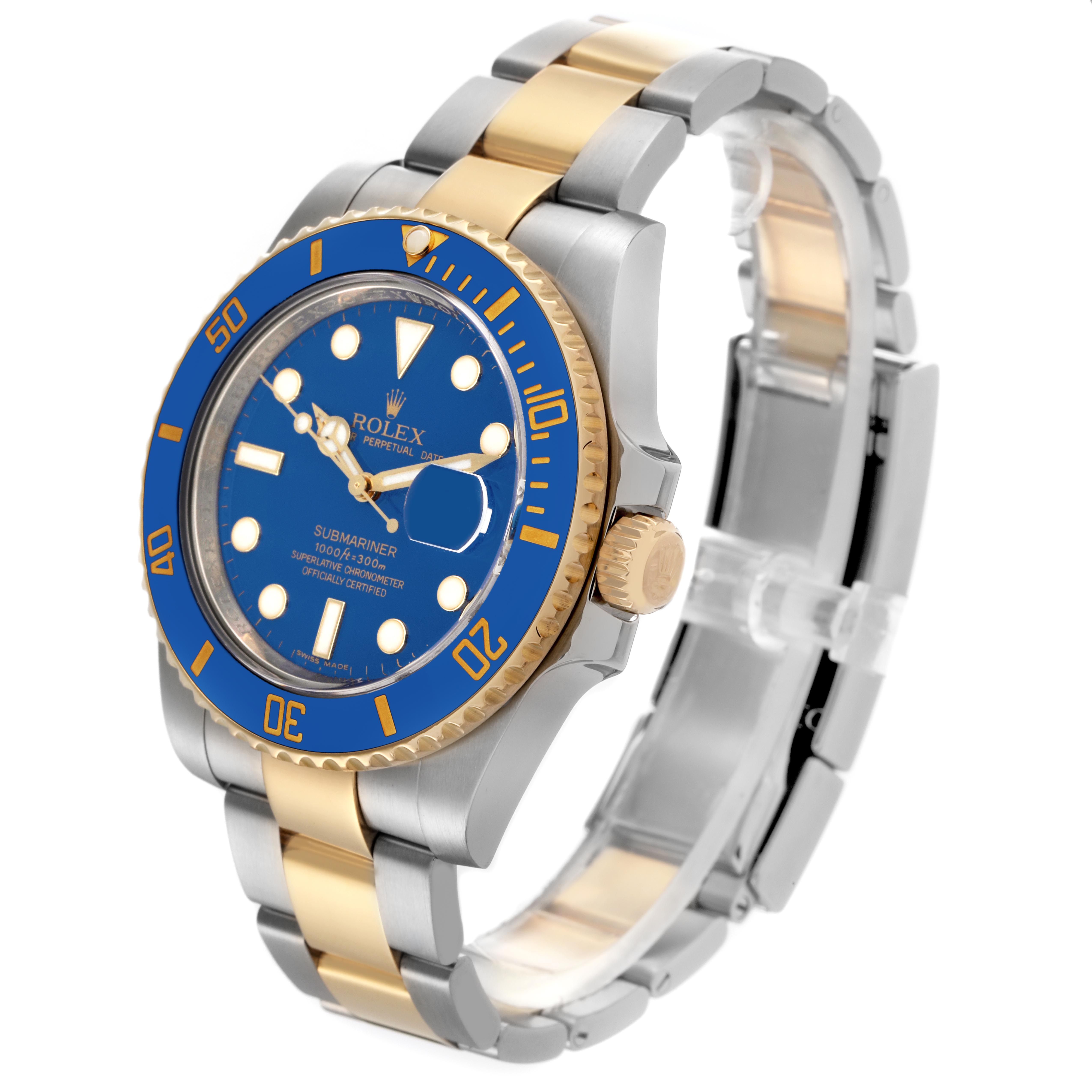 The Rolex Submariner 116613 Men's Steel and Gold (two tone) Blue Dial 116613 Men's Steel and Gold (two tone) Blue Dial watch is shown at a three-quarter angle, highlighting the blue bezel, dial, and two-tone bracelet with gold and steel.