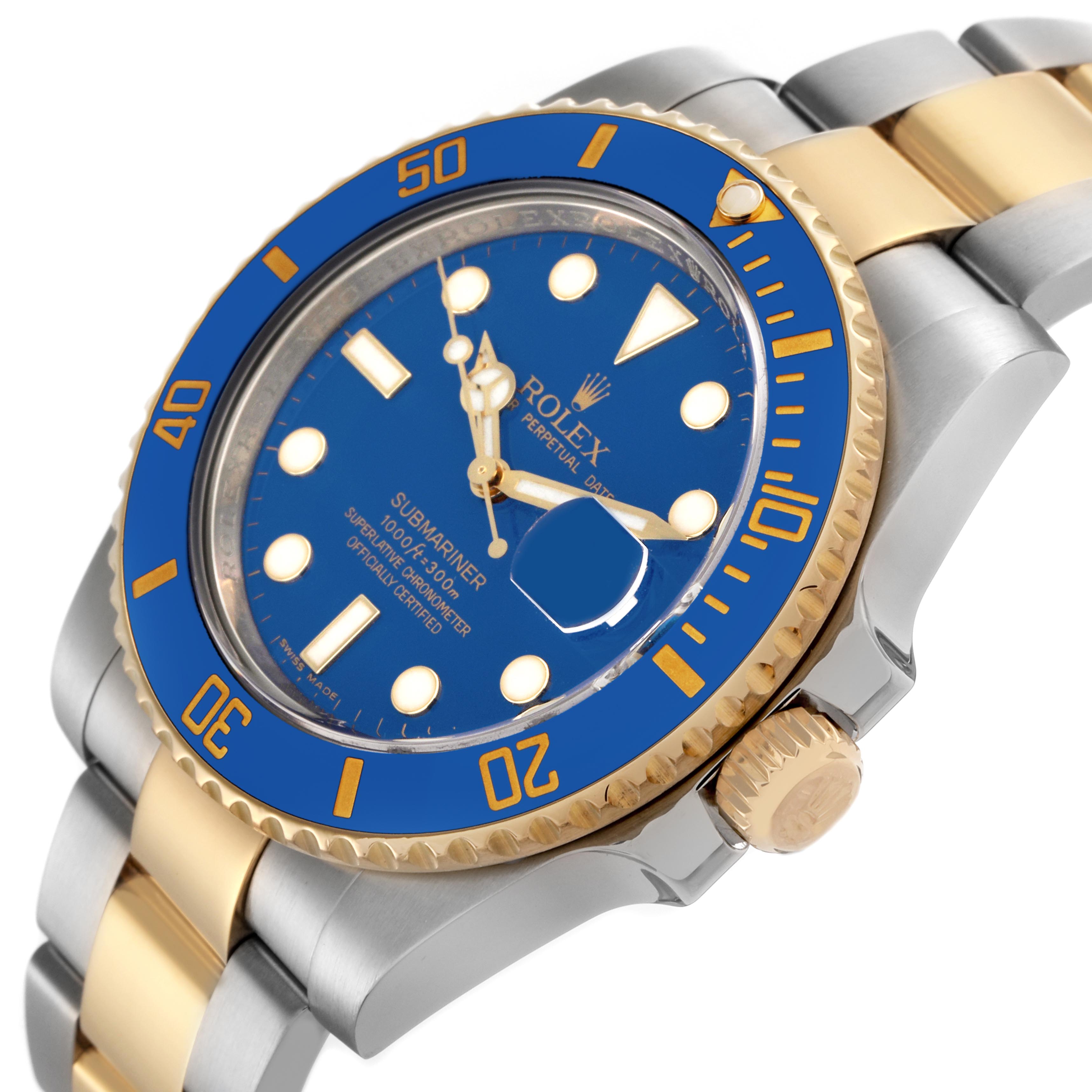 The Rolex Submariner 116613 Men's Steel and Gold (two tone) Blue Dial 116613 Men's Steel and Gold (two tone) Blue Dial watch is shown at an angled view, highlighting the blue and gold bezel, dial, crown, and two-tone bracelet.