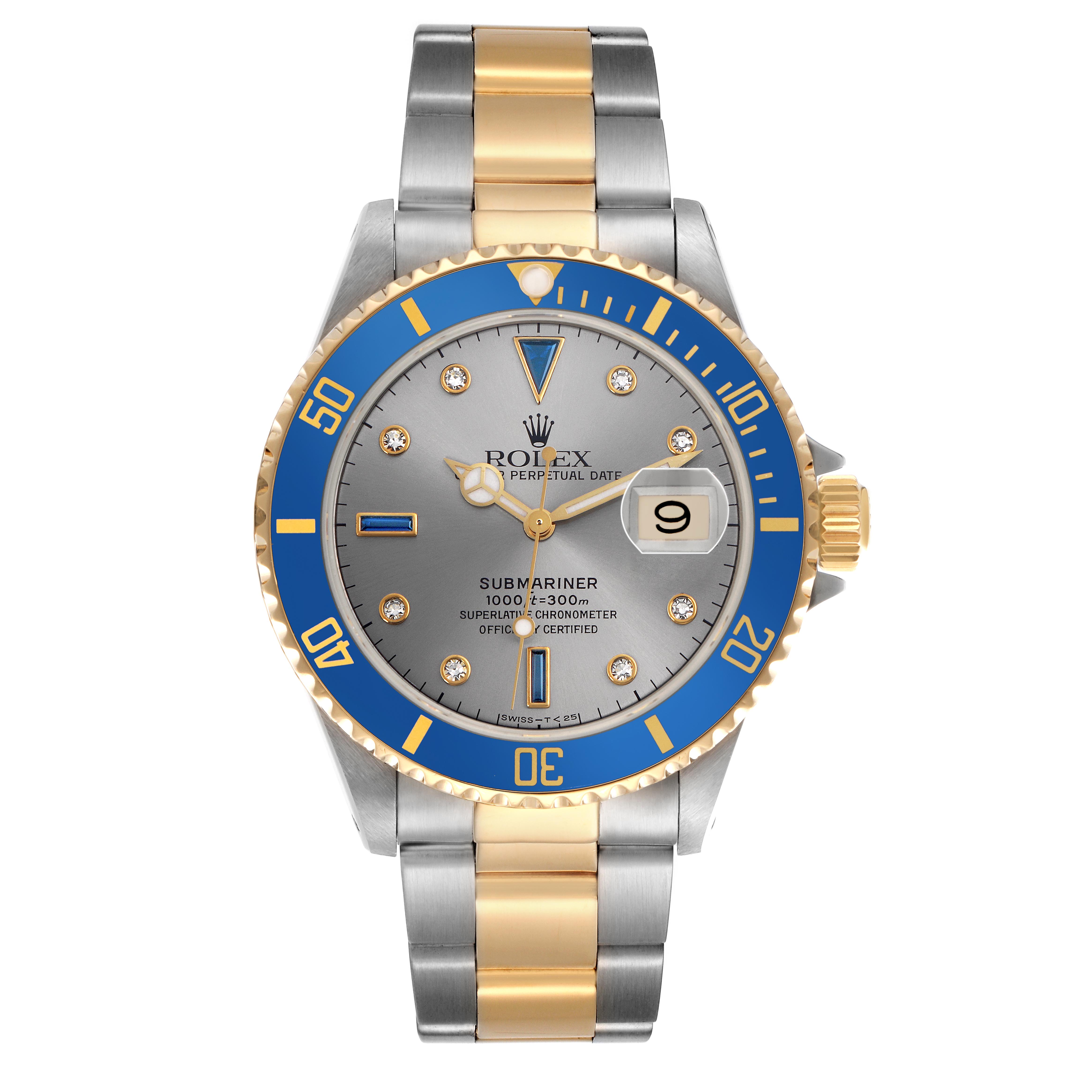 The Rolex Submariner 16613 Men
s Steel and Gold (two tone) Silver Dial 16613 Men
s Steel and Gold (two tone) Silver Dial watch is shown from a front angle, highlighting its blue bezel, gold and silver bracelet, and date window.