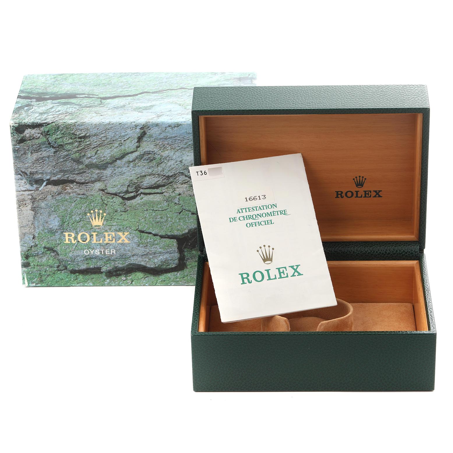 The image shows a Rolex Submariner 16613 Men
s Steel and Gold (two tone) Silver Dial 16613 Men
s Steel and Gold (two tone) Silver Dial watch box and manual. The box is open, revealing the interior packaging.