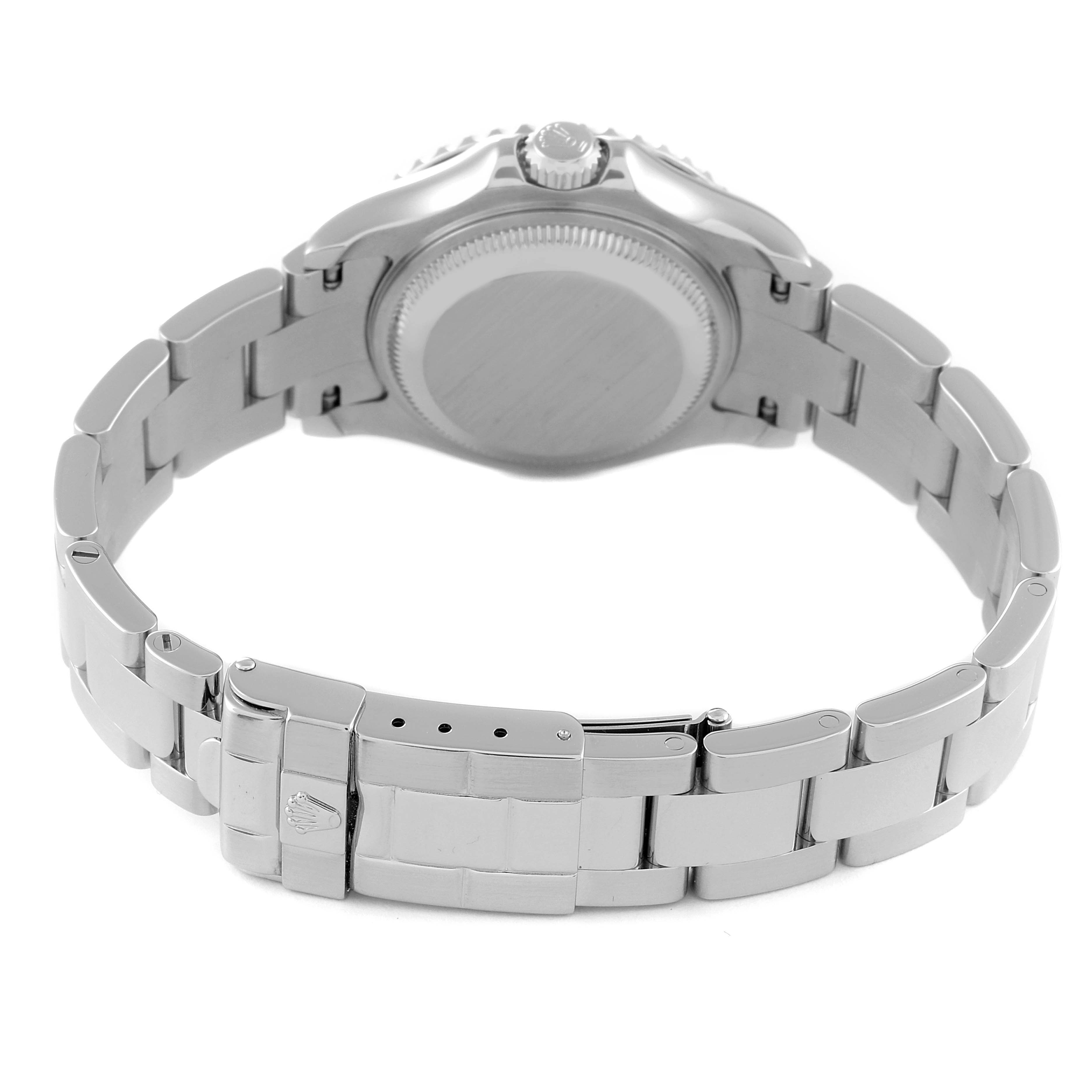 This image shows the backside of a Rolex Yacht-Master 169622 Women
s Stainless Steel Silver Dial 169622 Women
s Stainless Steel Silver Dial watch, highlighting the bracelet, clasp, and case back.