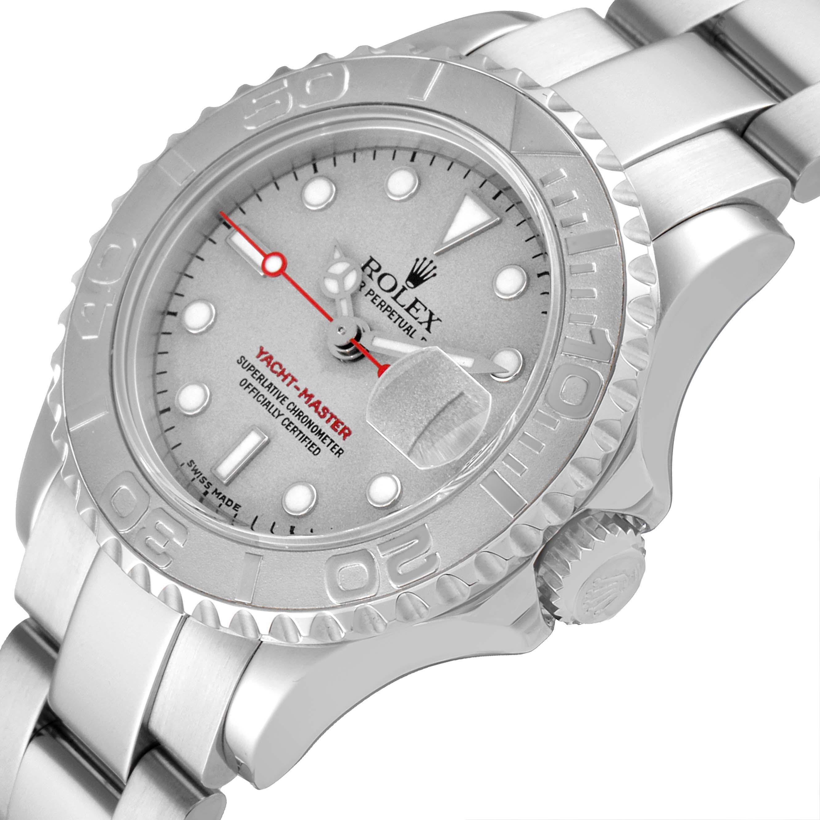The image shows a Rolex Yacht-Master 169622 Women
s Stainless Steel Silver Dial 169622 Women
s Stainless Steel Silver Dial watch at a slight angle, highlighting the dial, bezel, crown, and part of the bracelet.