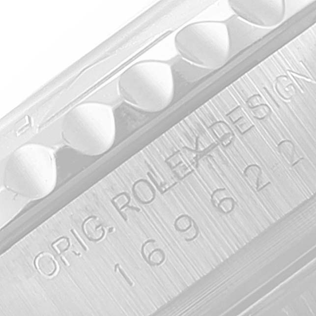 The image shows a close-up angle of the engraved bezel and "ORIG. ROLEX DESIGN" text with the model number of the Rolex Yacht-Master 169622 Women
s Stainless Steel Silver Dial 169622 Women
s Stainless Steel Silver Dial watch.