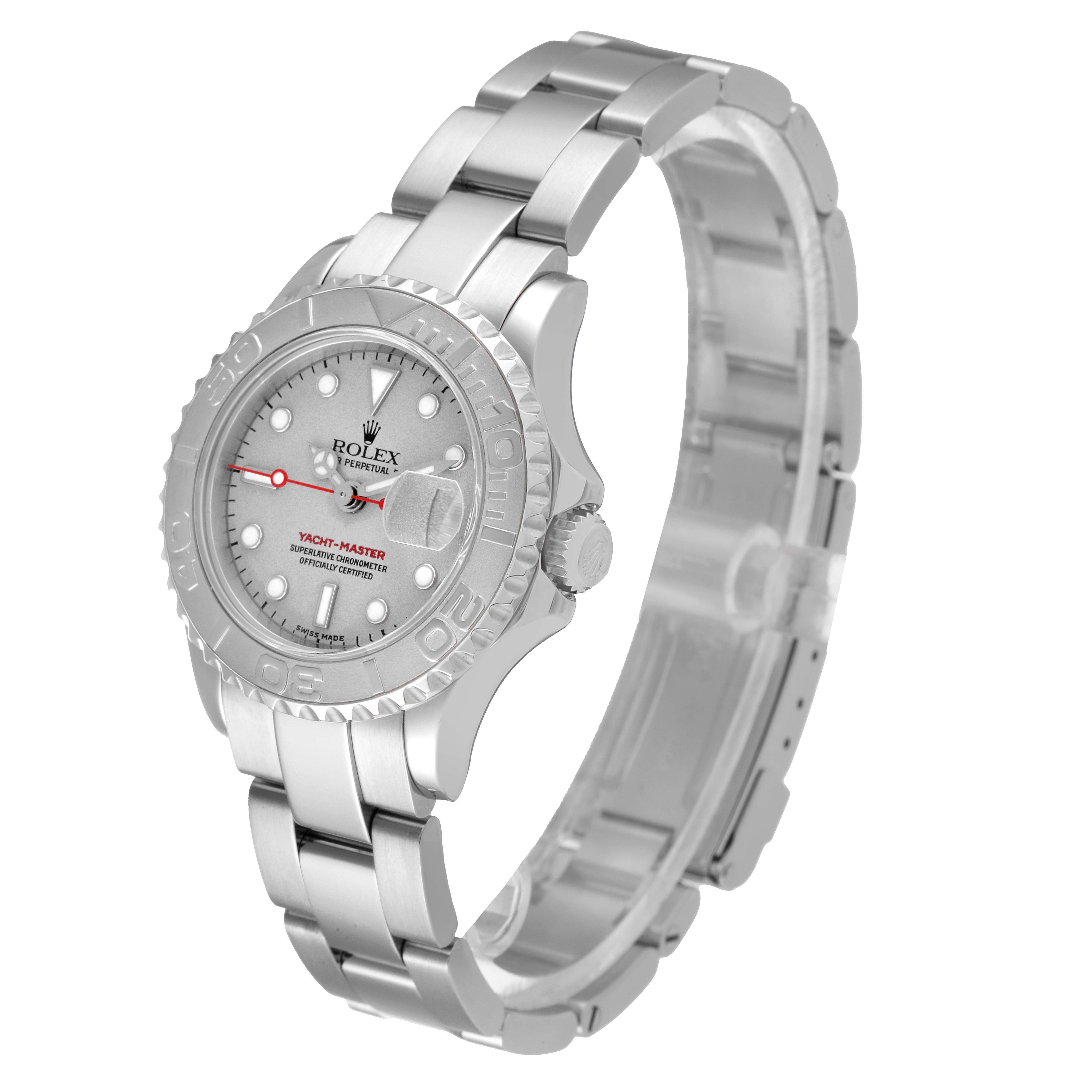 This image shows a Rolex Yacht-Master 169622 Women
s Stainless Steel Silver Dial 169622 Women
s Stainless Steel Silver Dial watch at a tilted angle, highlighting the face, bezel, and bracelet.