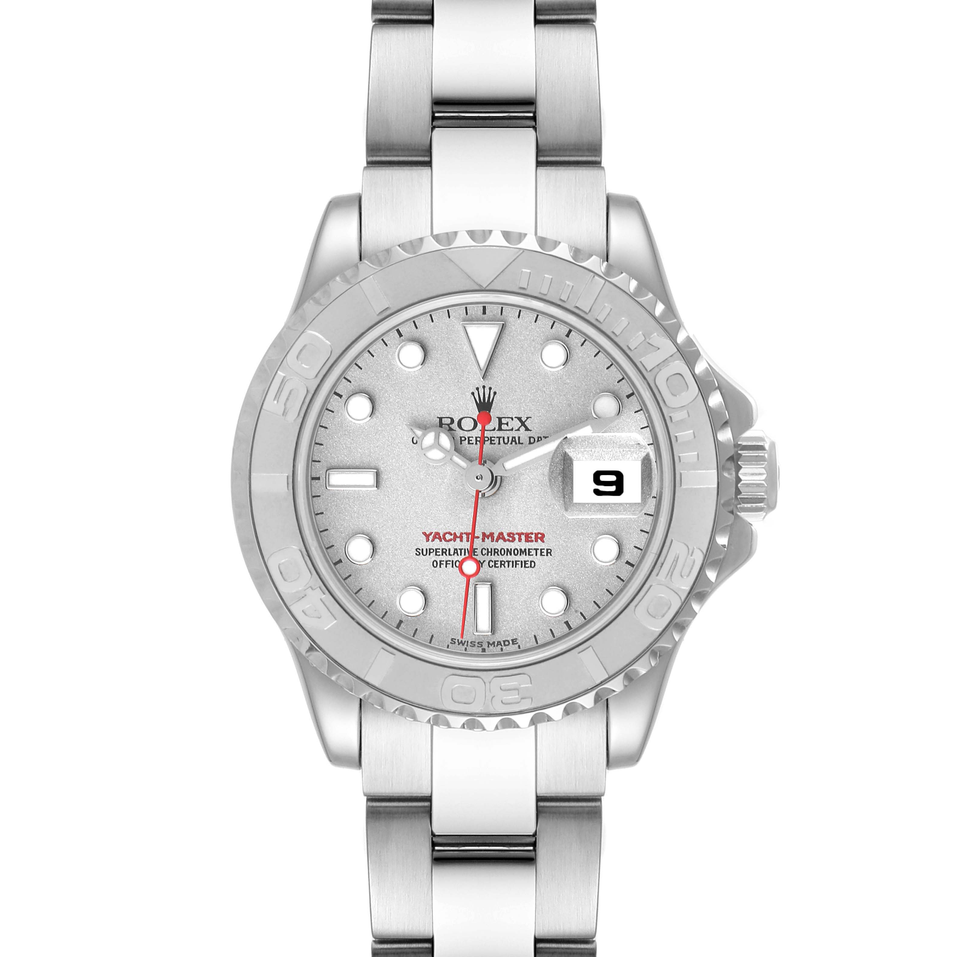 This Rolex Yacht-Master 169622 Women
s Stainless Steel Silver Dial 169622 Women
s Stainless Steel Silver Dial watch is shown from the front, highlighting the dial, bezel, hands, and bracelet.