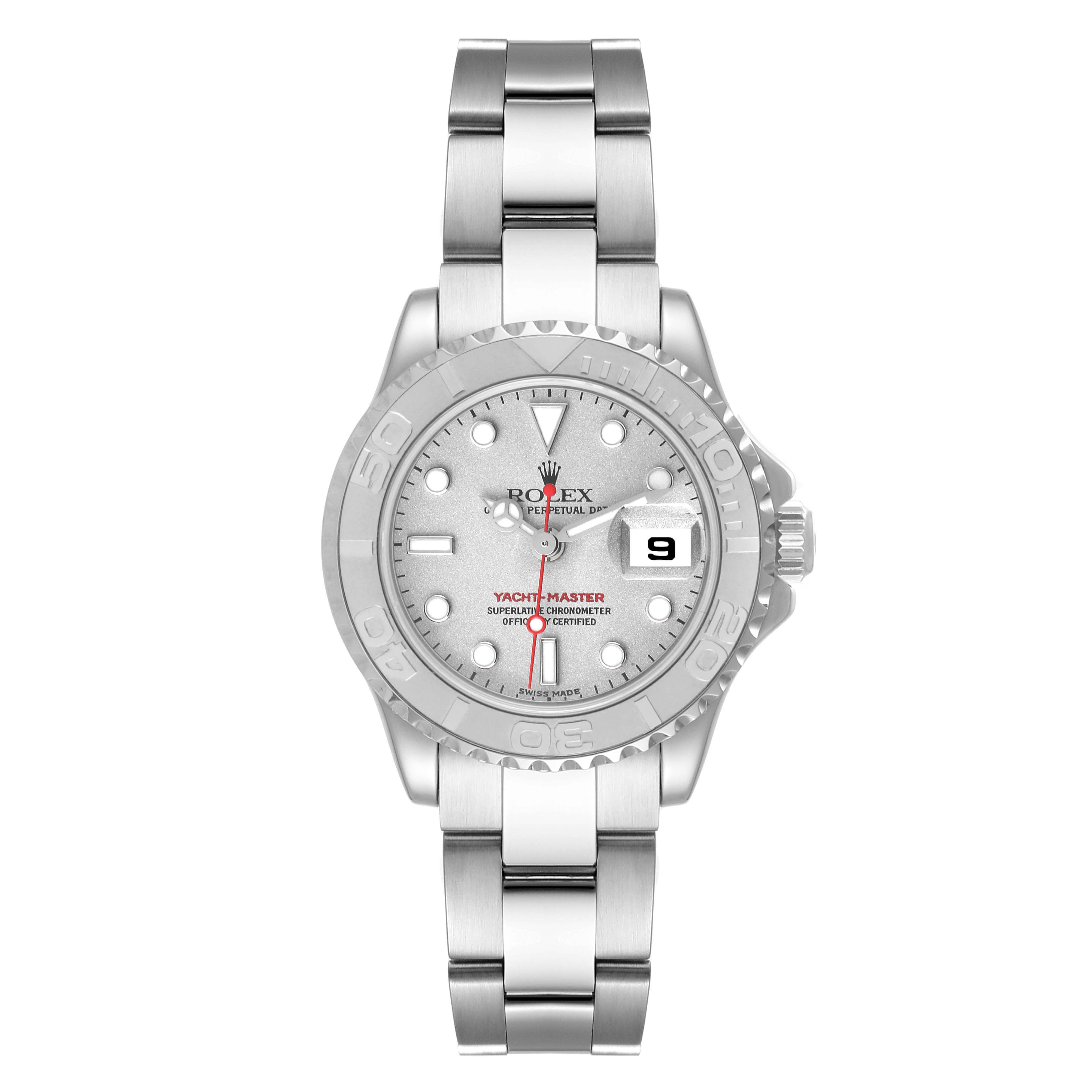 This image shows a front view of a Rolex Yacht-Master 169622 Women
s Stainless Steel Silver Dial 169622 Women
s Stainless Steel Silver Dial watch displaying its dial, bezel, and bracelet.