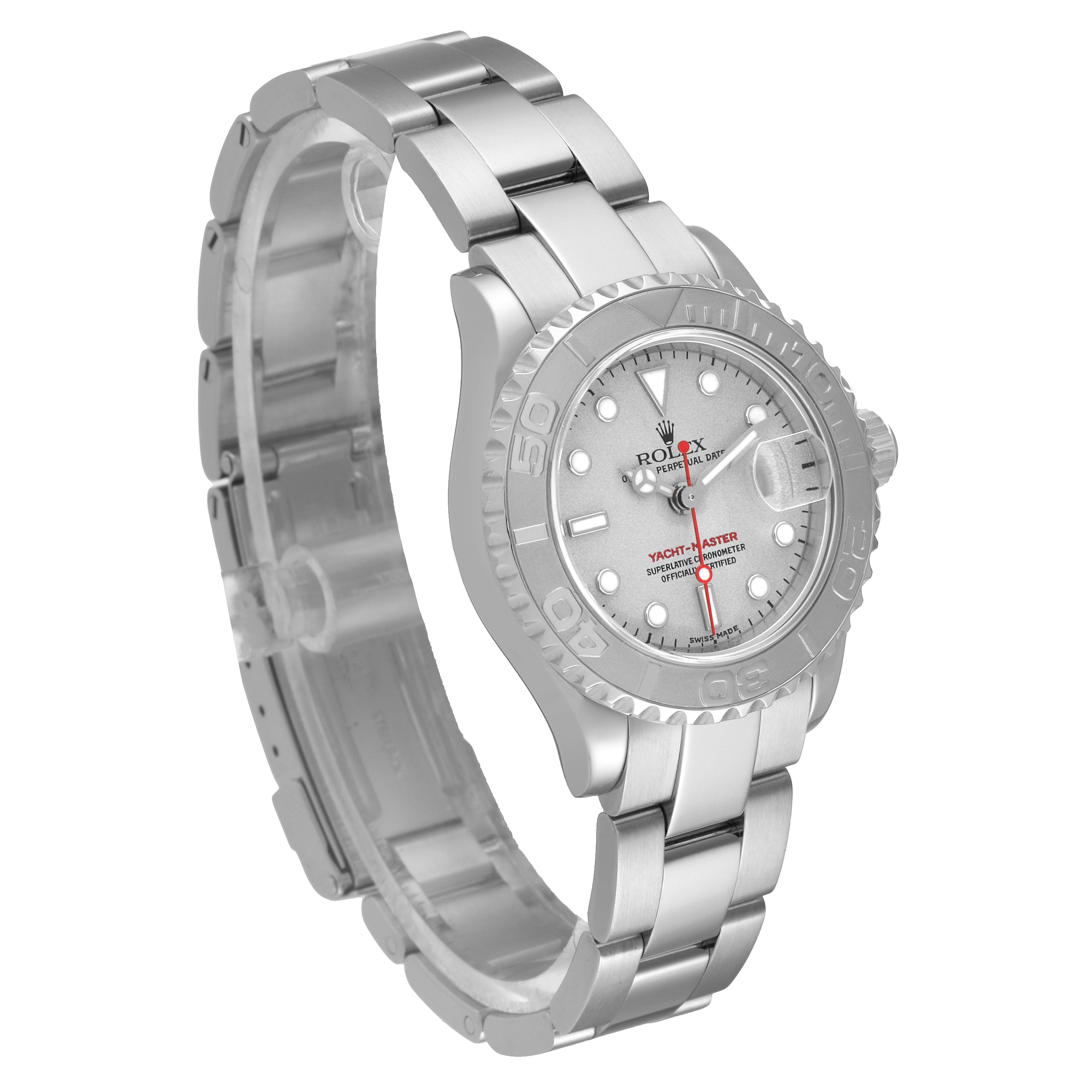 The image shows a side-angle view of a Rolex Yacht-Master 169622 Women
s Stainless Steel Silver Dial 169622 Women
s Stainless Steel Silver Dial watch, highlighting the face, bezel, and bracelet.