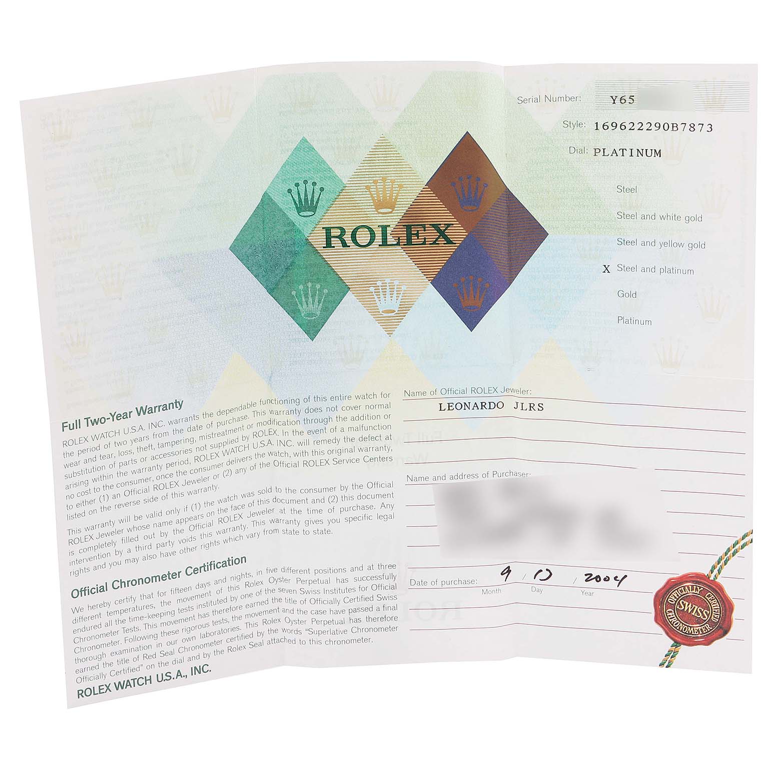 This image shows the warranty card and certificate for a Rolex Yacht-Master 169622 Women
s Stainless Steel Silver Dial 169622 Women
s Stainless Steel Silver Dial watch.