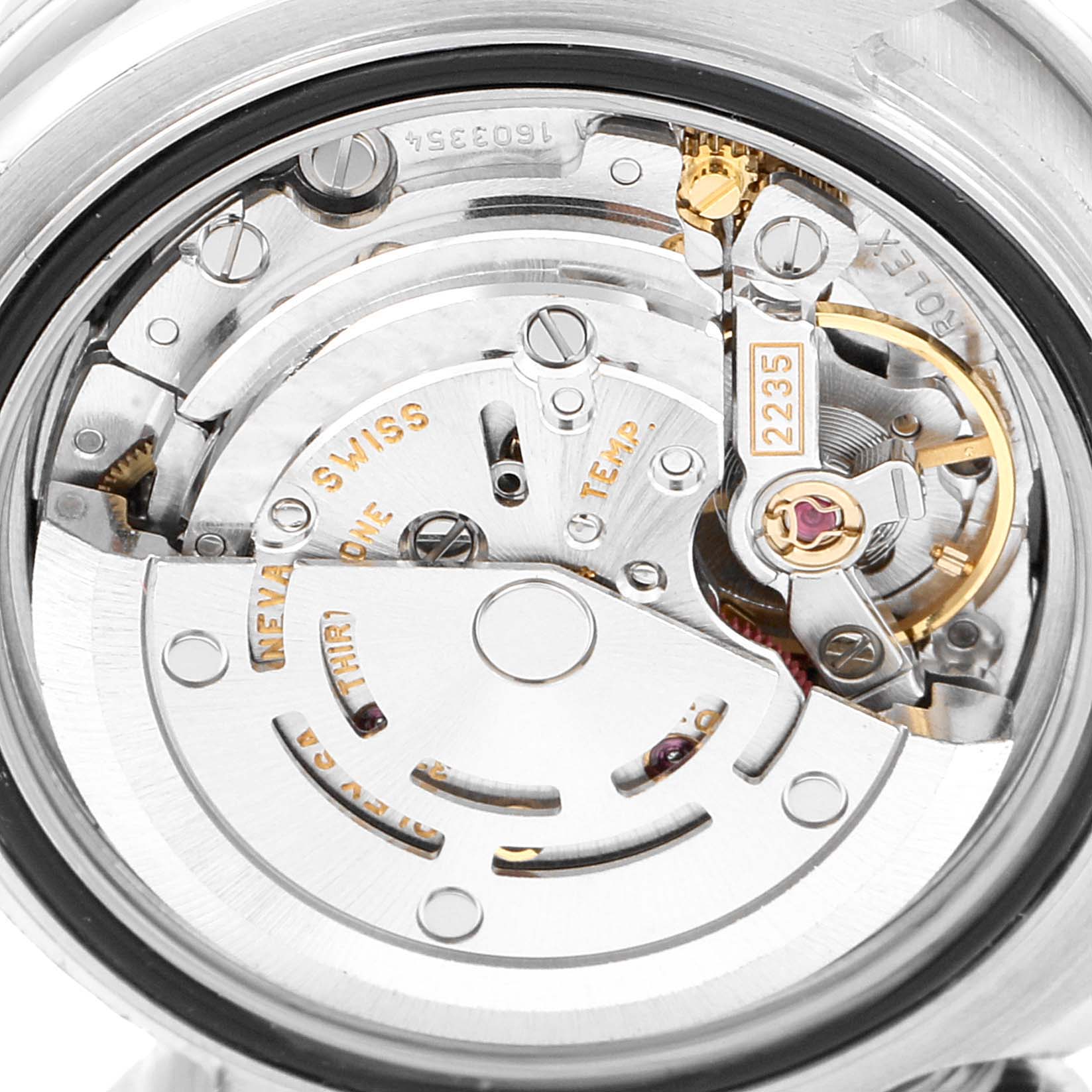 This image shows an intricate view of the Rolex Yacht-Master 169622 Women
s Stainless Steel Silver Dial 169622 Women
s Stainless Steel Silver Dial model
s movement mechanism from the back side.