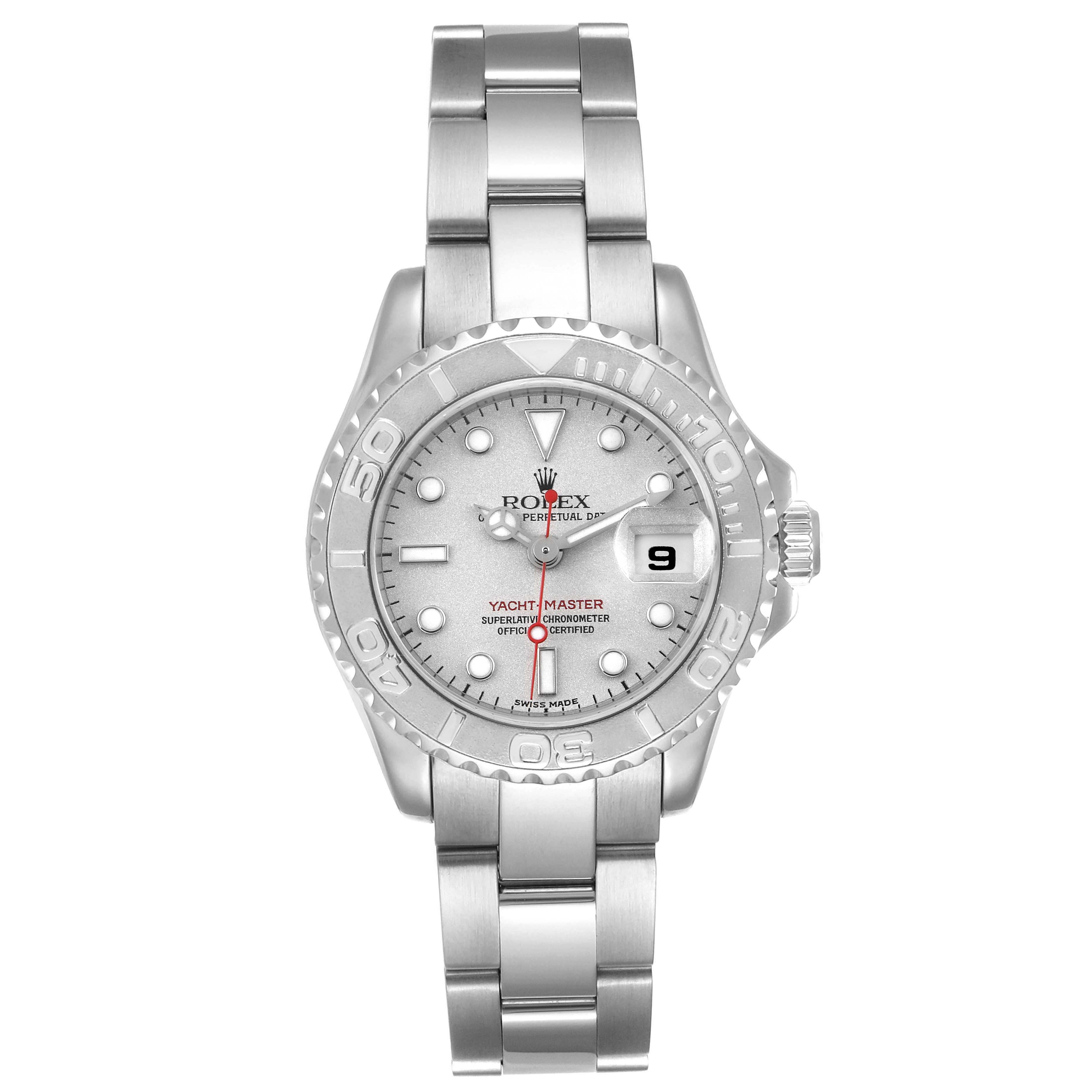 The Rolex Yacht-Master 169622 Women's Stainless Steel Silver Dial 169622 Women's Stainless Steel Silver Dial watch is shown from a top-down angle, displaying the face, bezel, and bracelet clearly.