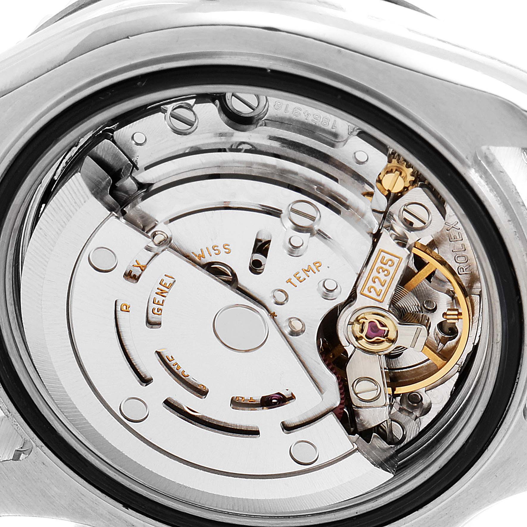 This image shows a close-up of the movement and mechanism of a Rolex Yacht-Master 169622 Women's Stainless Steel Silver Dial 169622 Women's Stainless Steel Silver Dial watch.