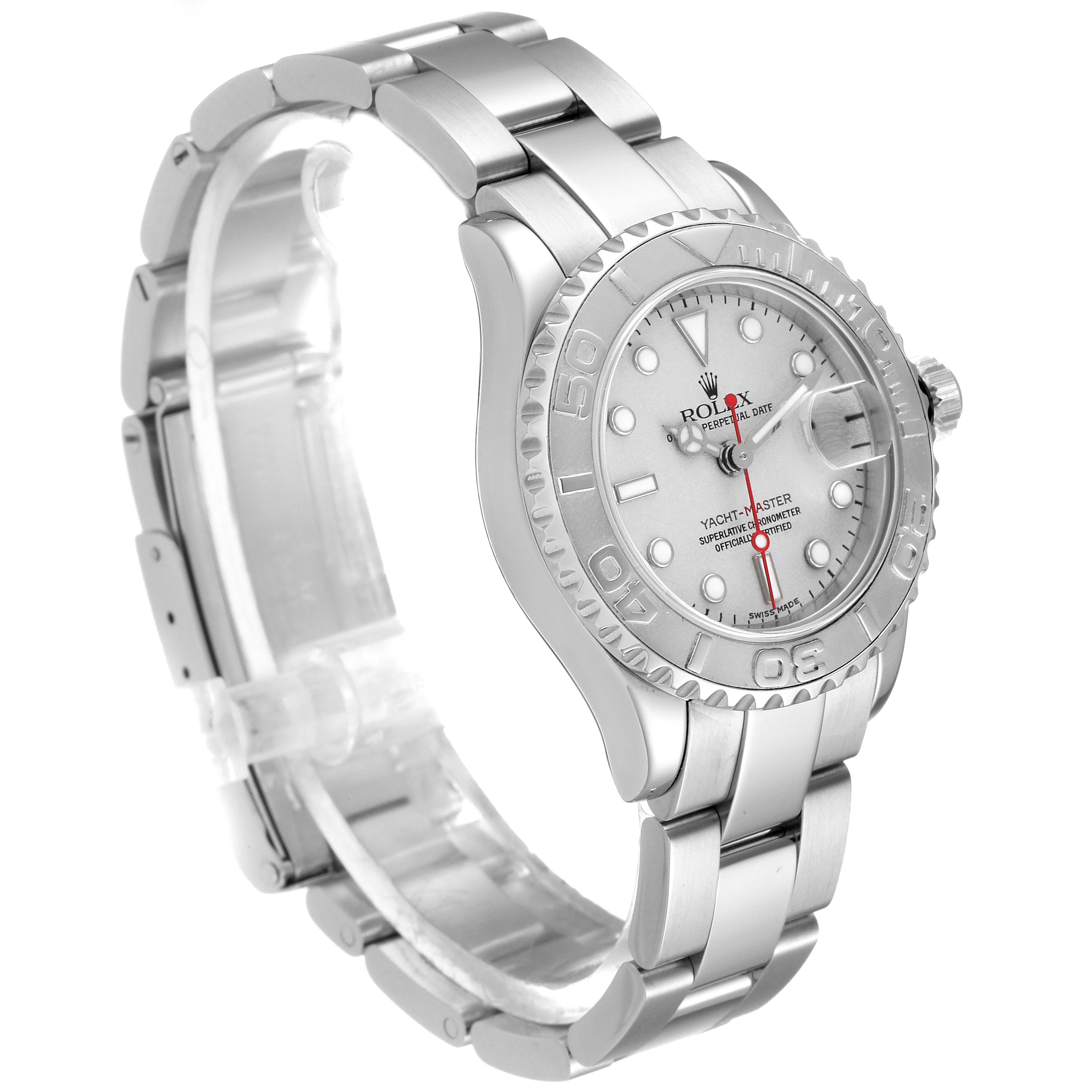 The image shows a side angle of a Rolex Yacht-Master 169622 Women's Stainless Steel Silver Dial 169622 Women's Stainless Steel Silver Dial watch, highlighting its bracelet, bezel, dial, and crown.