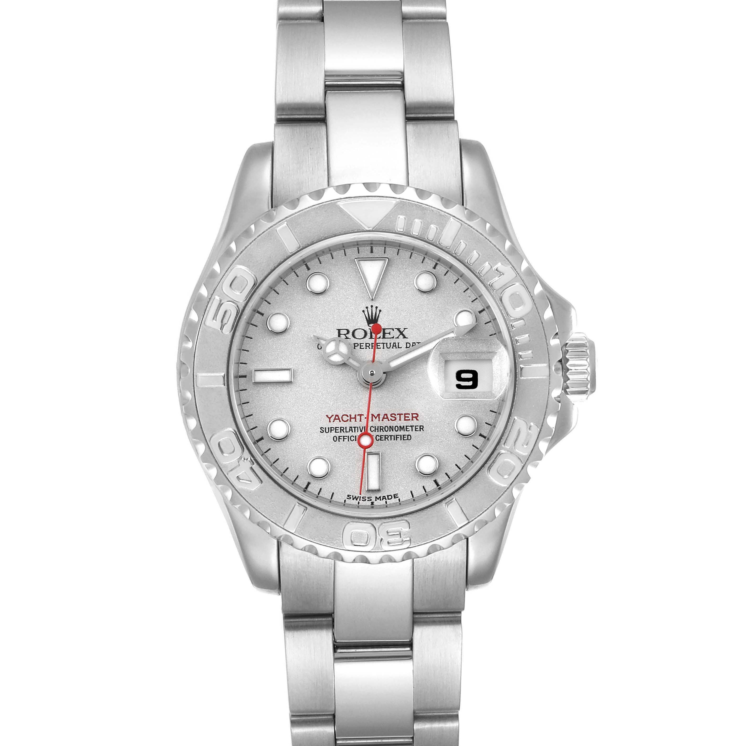 The image shows a front view of a Rolex Yacht-Master 169622 Women's Stainless Steel Silver Dial 169622 Women's Stainless Steel Silver Dial watch, highlighting its face, bezel, and bracelet.