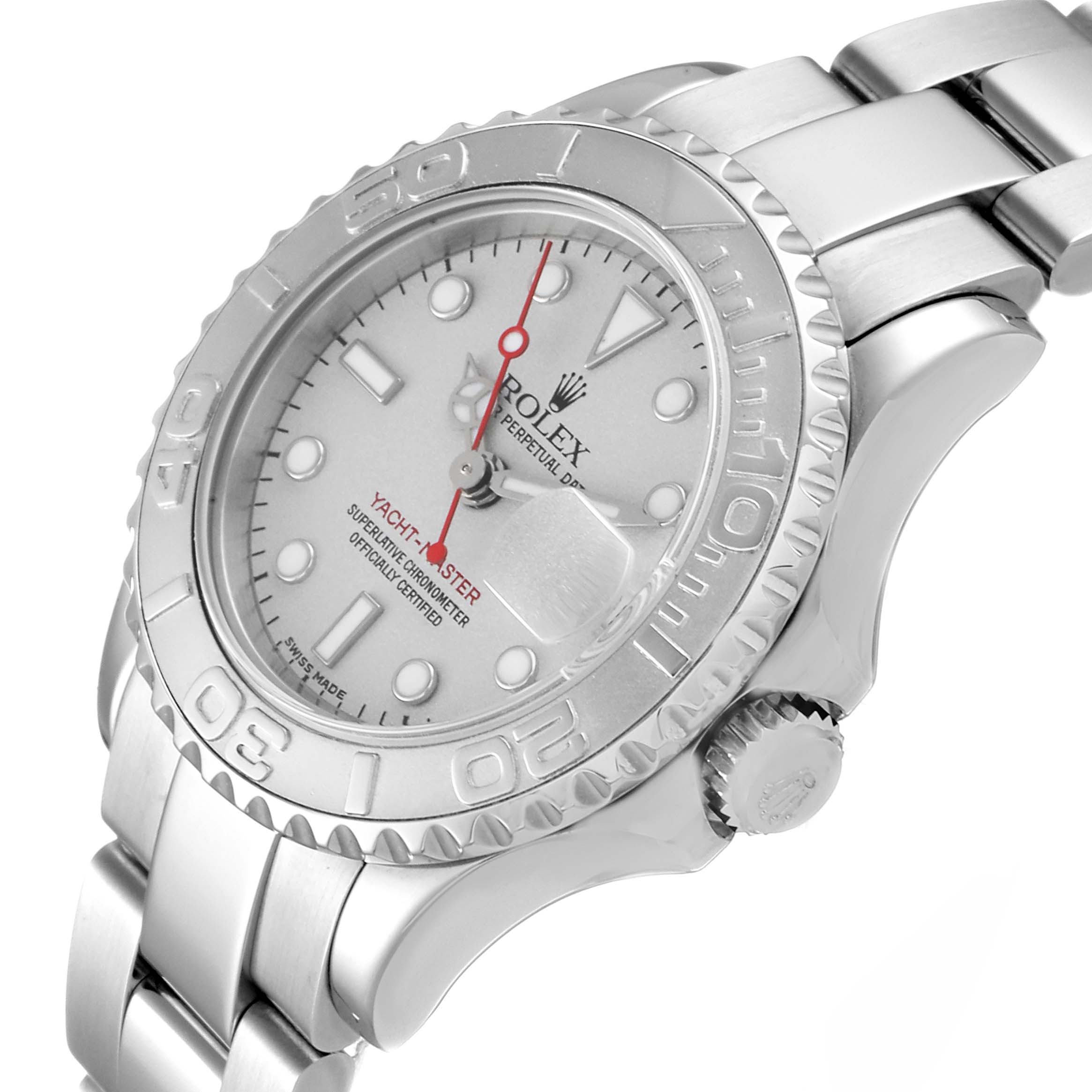 This Rolex Yacht-Master 169622 Women's Stainless Steel Silver Dial 169622 Women's Stainless Steel Silver Dial watch is shown at a slight angle highlighting the dial, bezel, and part of the bracelet.