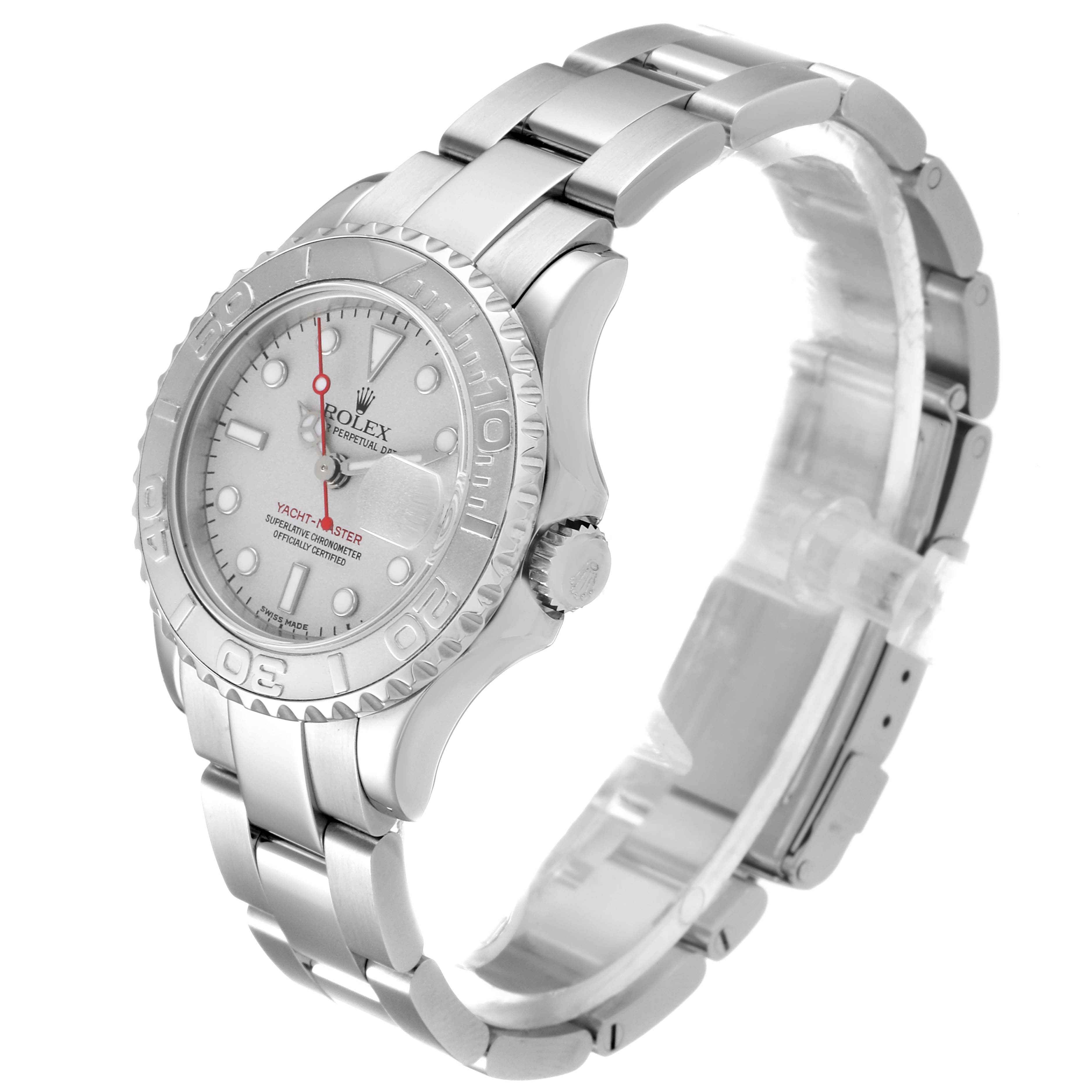 This Rolex Yacht-Master 169622 Women's Stainless Steel Silver Dial 169622 Women's Stainless Steel Silver Dial watch is shown at a three-quarter angle highlighting the dial, bezel, crown, and bracelet.