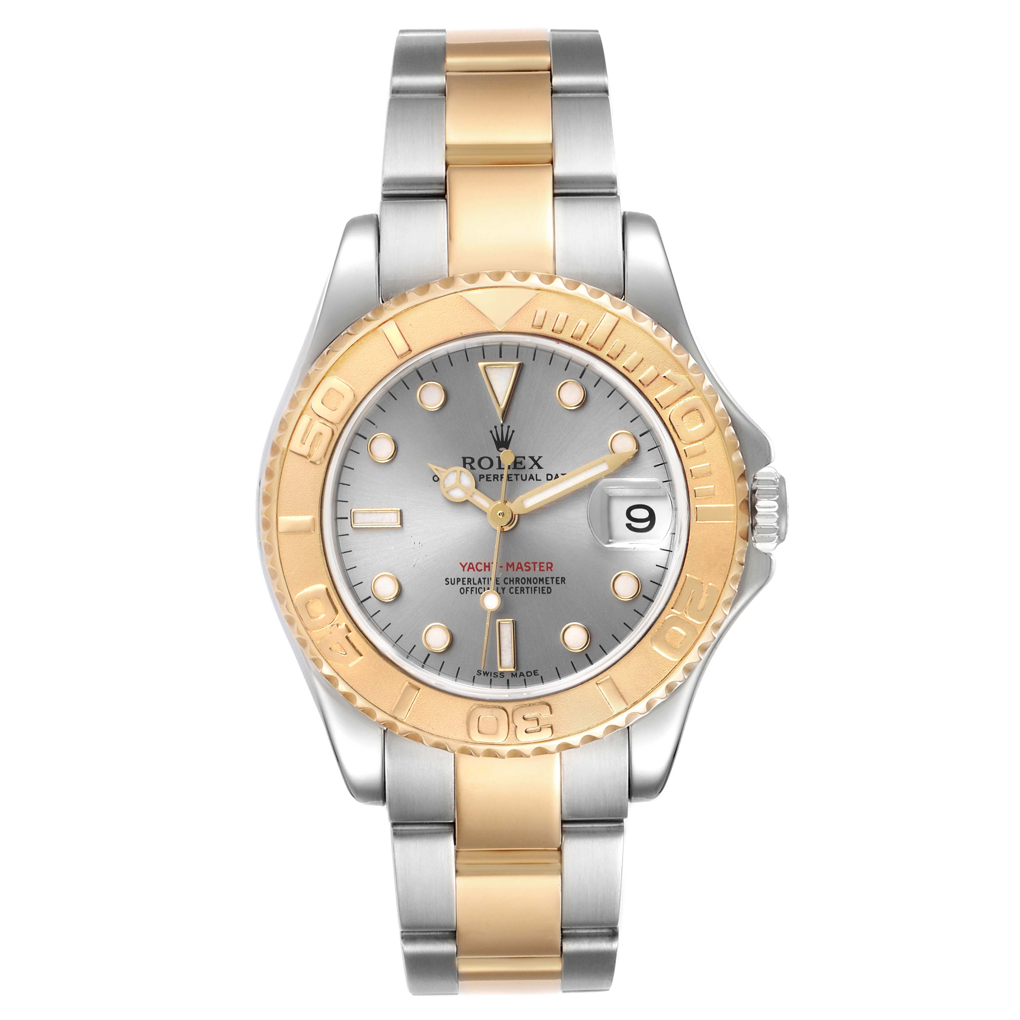 This image shows a Rolex Yacht-Master 168623 Women's Steel and Gold (two tone) Grey Dial 168623 Women's Steel and Gold (two tone) Grey Dial watch with a silver dial, gold bezel, and a two-tone gold and steel bracelet from a front angle.
