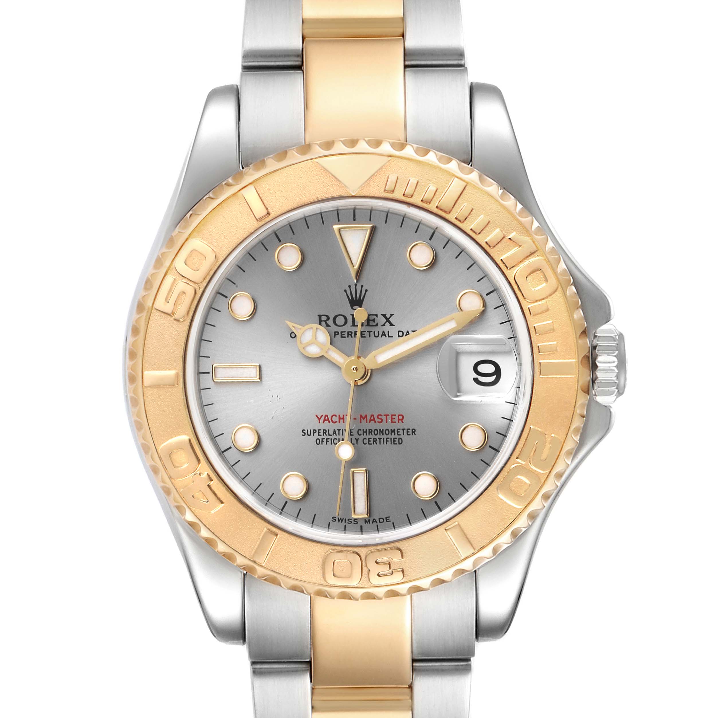 The image shows a front view of the Rolex Yacht-Master 168623 Women's Steel and Gold (two tone) Grey Dial 168623 Women's Steel and Gold (two tone) Grey Dial watch, highlighting its dial, bezel, and bracelet.