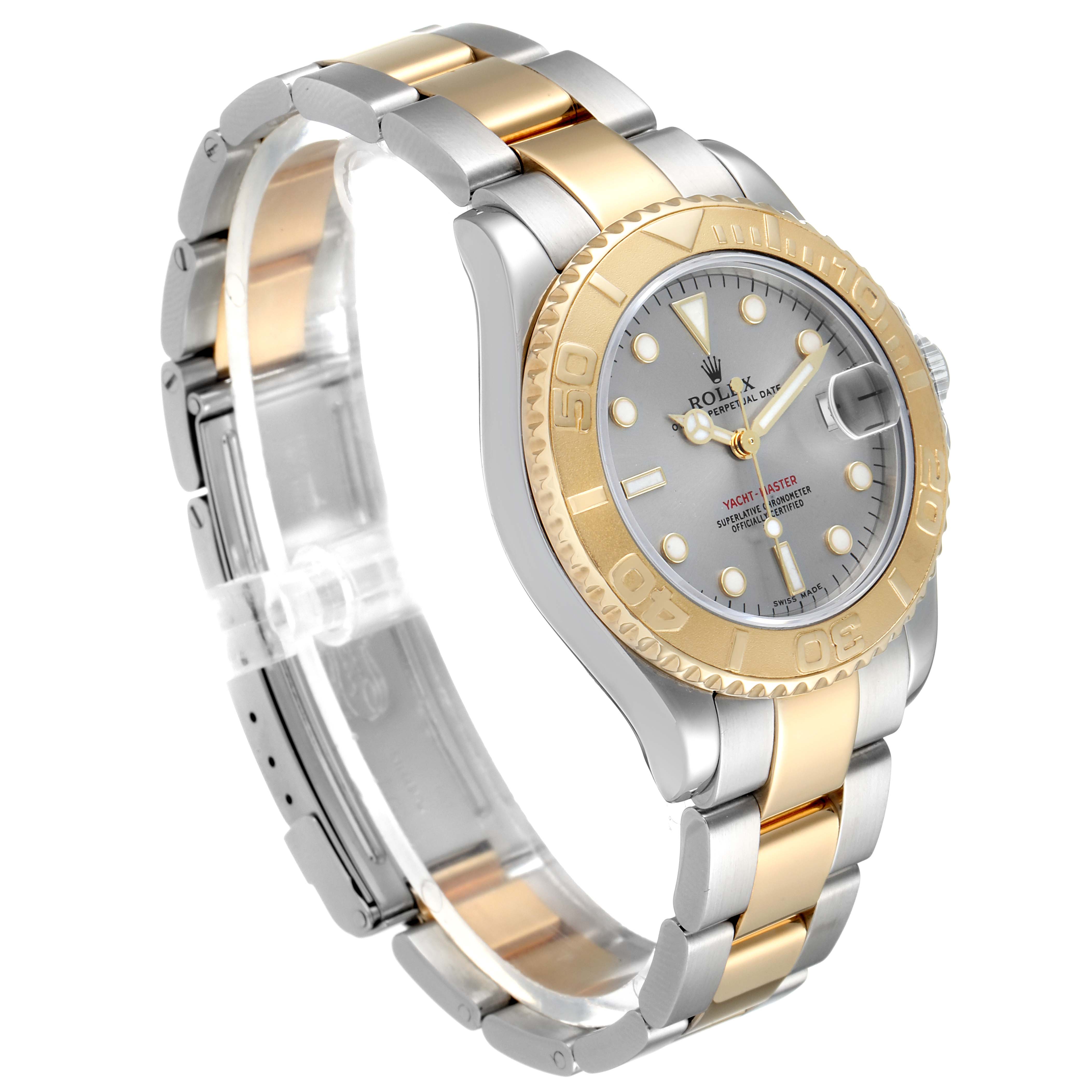 This image shows a Rolex Yacht-Master 168623 Women's Steel and Gold (two tone) Grey Dial 168623 Women's Steel and Gold (two tone) Grey Dial watch angled to display the face, bezel, and part of the bracelet.