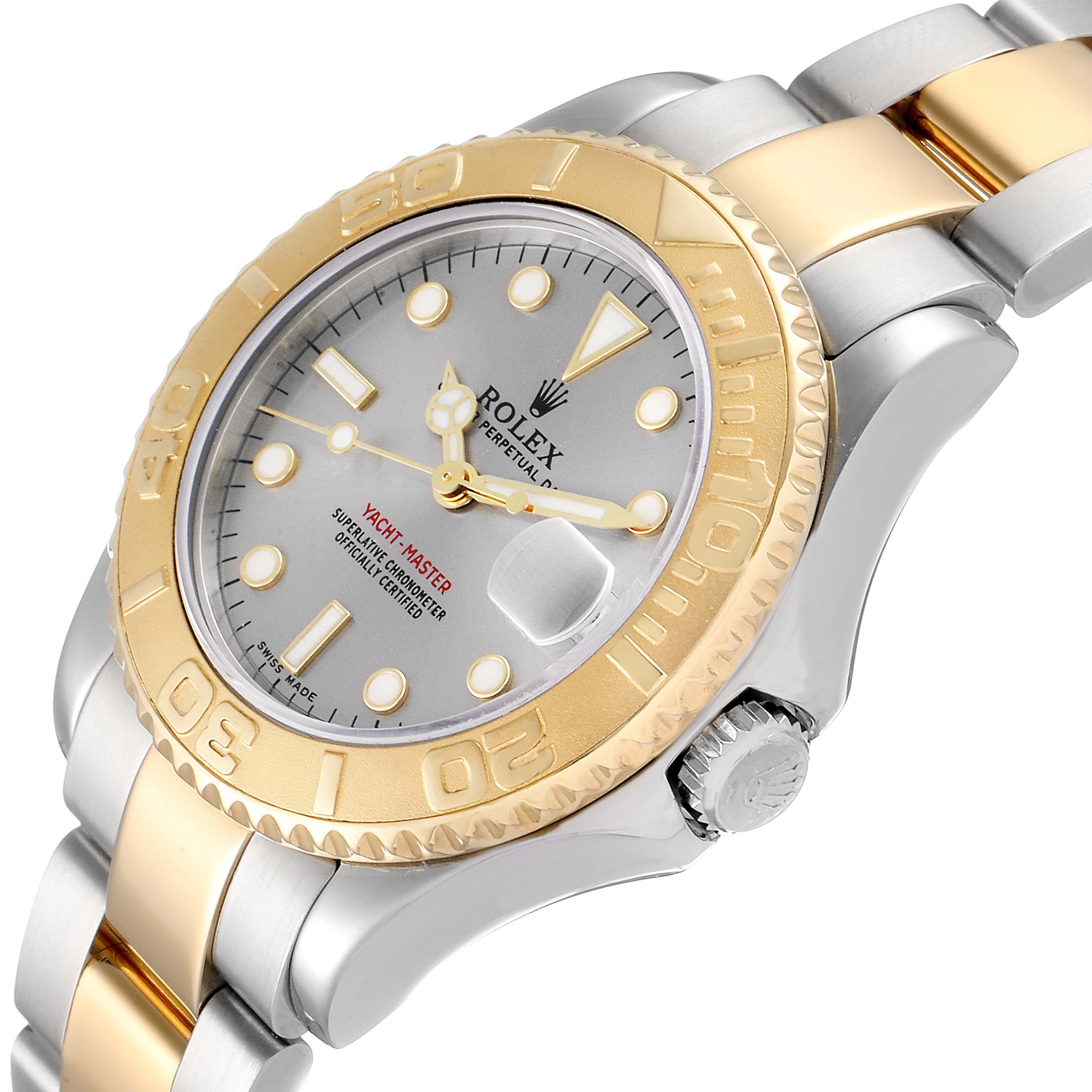 The image shows a side angle of a Rolex Yacht-Master 168623 Women's Steel and Gold (two tone) Grey Dial 168623 Women's Steel and Gold (two tone) Grey Dial watch, highlighting its bezel, dial, and part of the bracelet.