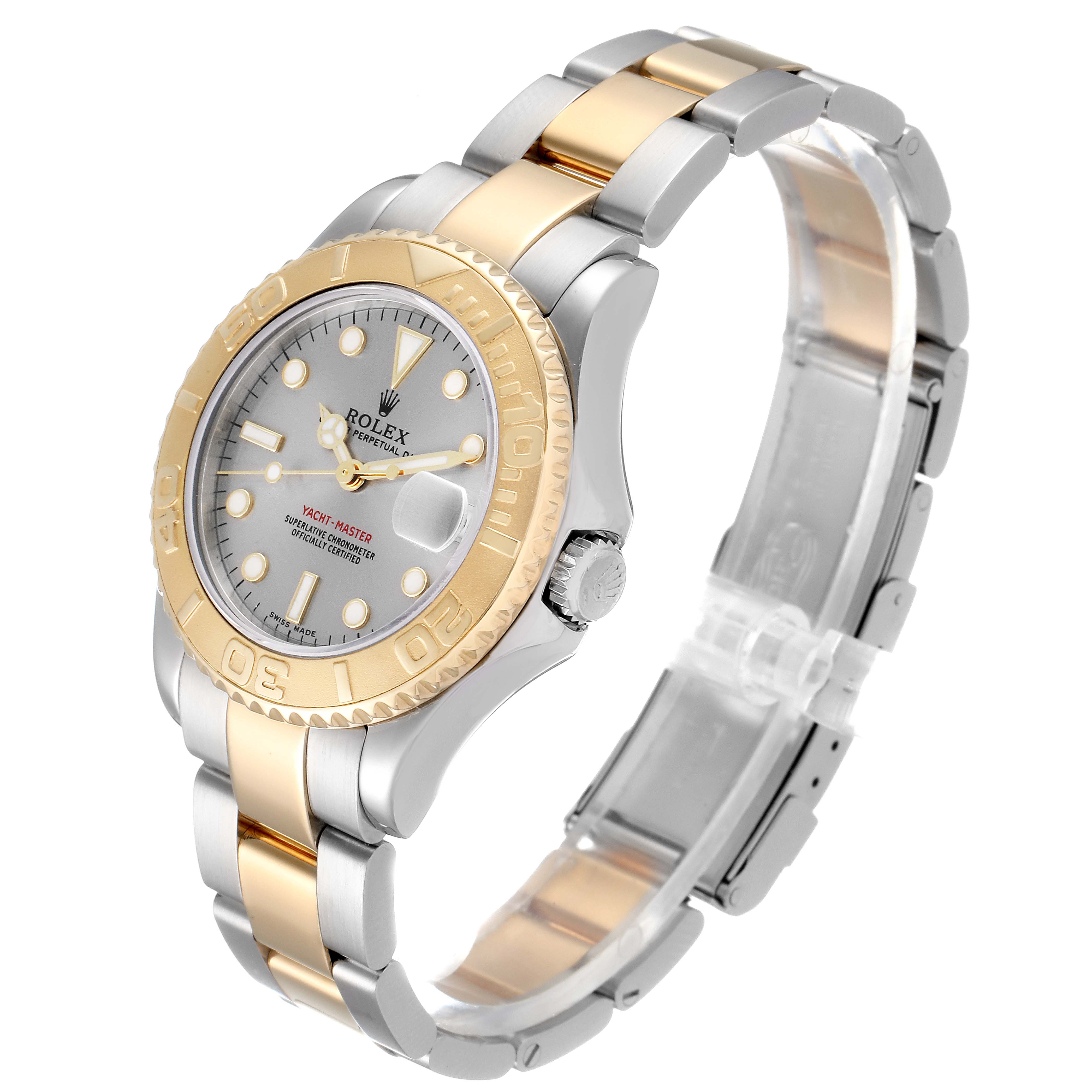 The image shows a Rolex Yacht-Master 168623 Women's Steel and Gold (two tone) Grey Dial 168623 Women's Steel and Gold (two tone) Grey Dial watch taken at an angle, highlighting its two-tone metal band and bezel.