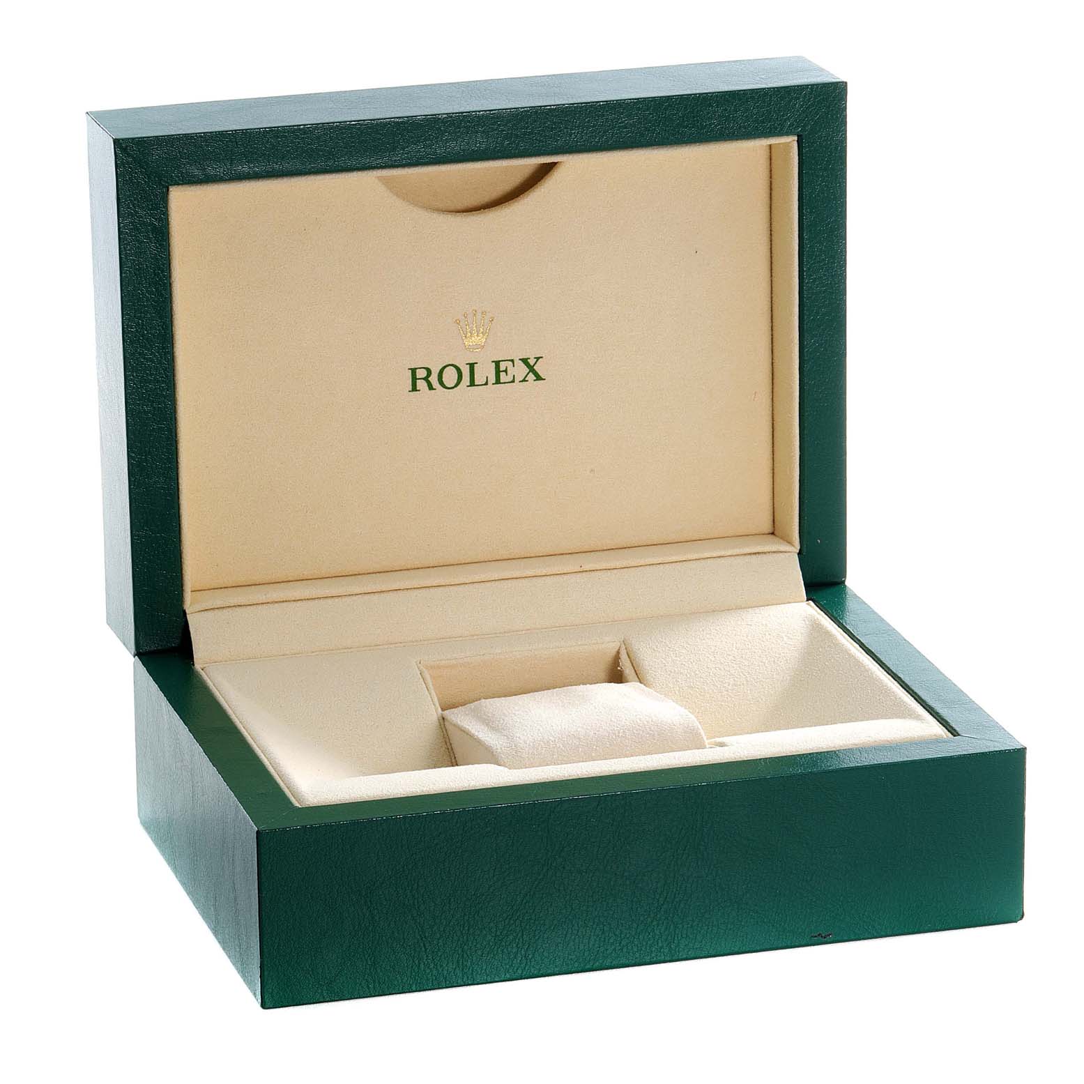 This image shows an open green and beige box for the Rolex Yacht-Master 168623 Women's Steel and Gold (two tone) Grey Dial 168623 Women's Steel and Gold (two tone) Grey Dial watch, displaying the brand logo inside the lid.