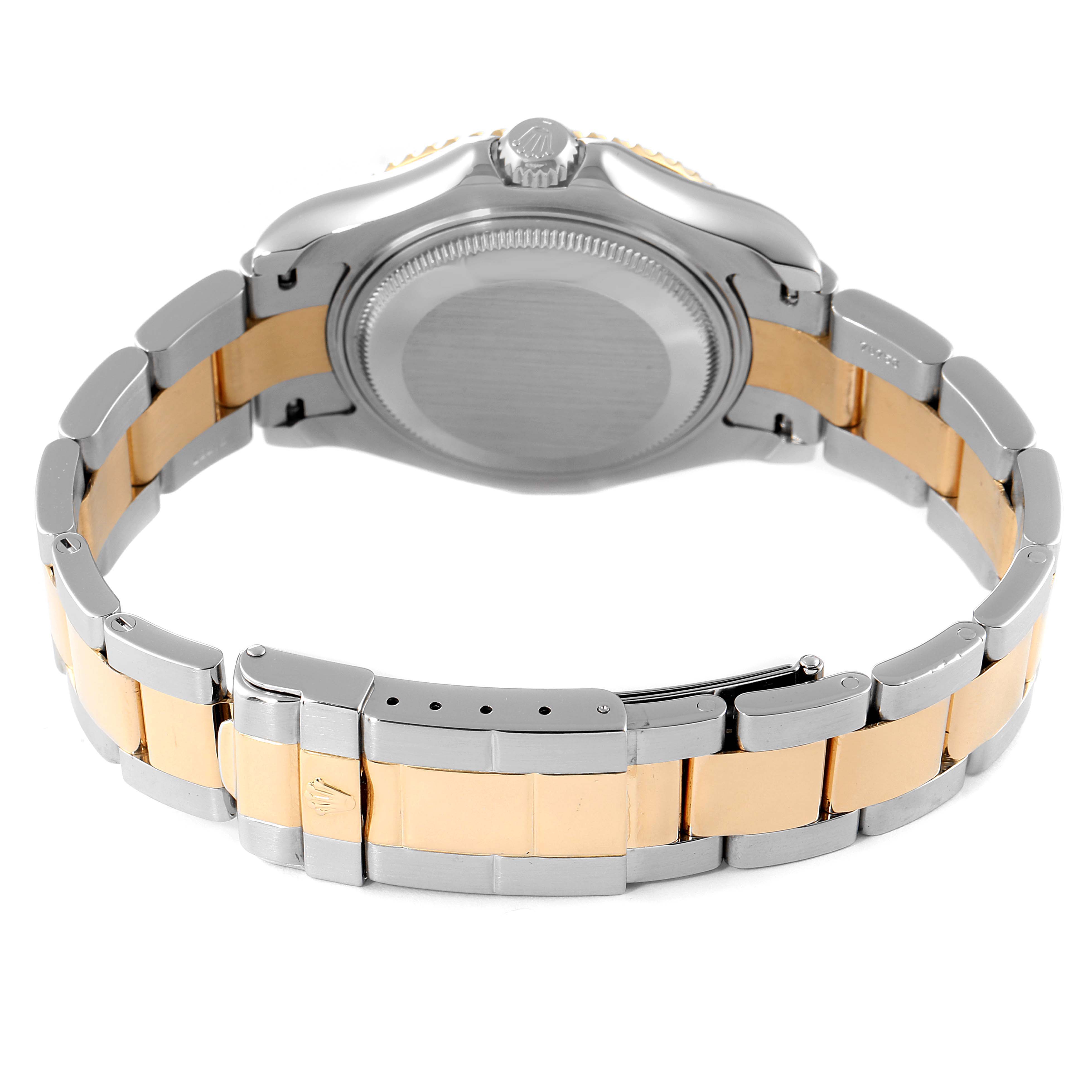 This image shows the back view of a Rolex Yacht-Master 68623 Men
s Steel and Gold (two tone) Champagne Dial 68623 Men
s Steel and Gold (two tone) Champagne Dial, featuring the case back and the two-tone bracelet.