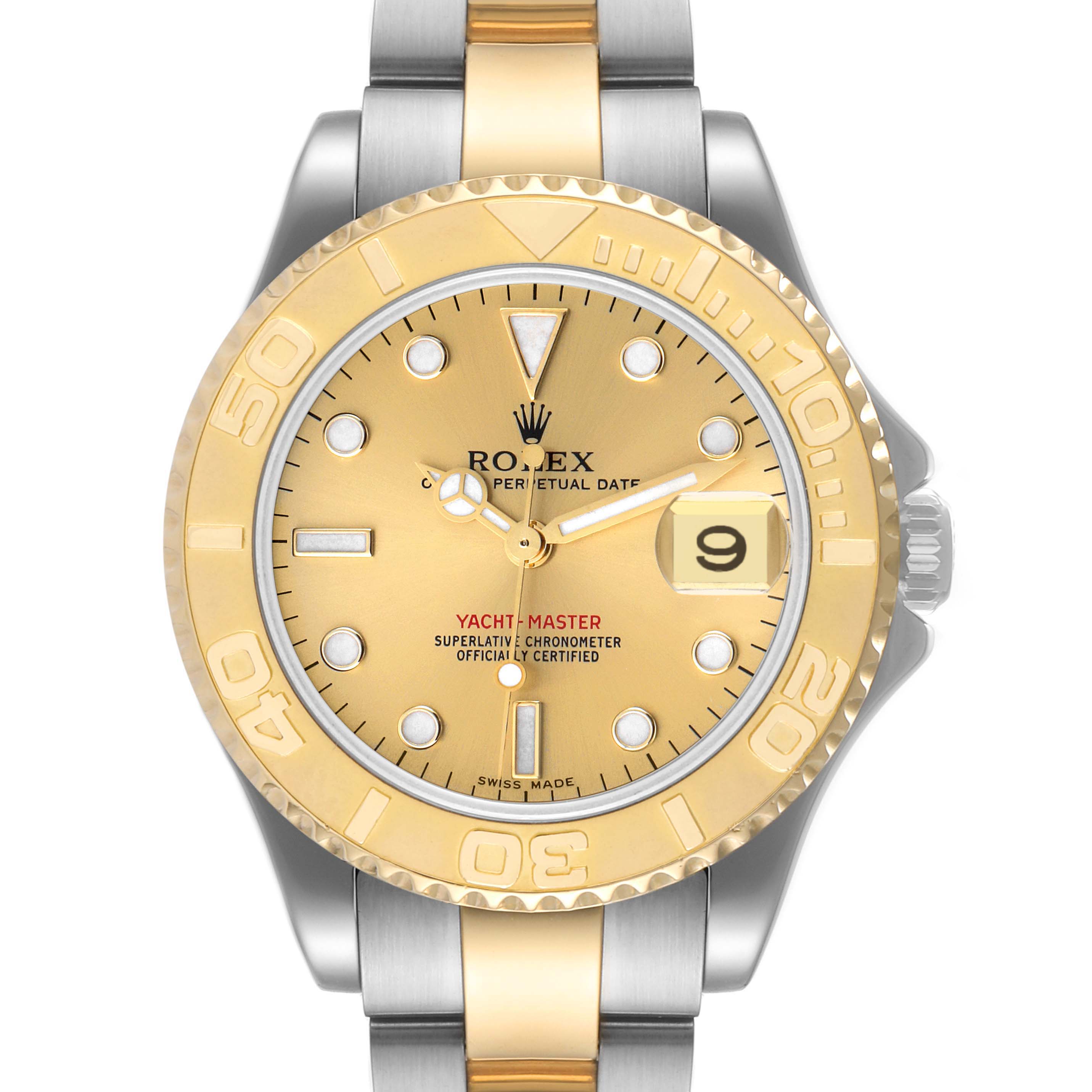 The Rolex Yacht-Master 68623 Men
s Steel and Gold (two tone) Champagne Dial 68623 Men
s Steel and Gold (two tone) Champagne Dial watch is shown from a top-down angle, highlighting its gold bezel, dial, and part of the bracelet.