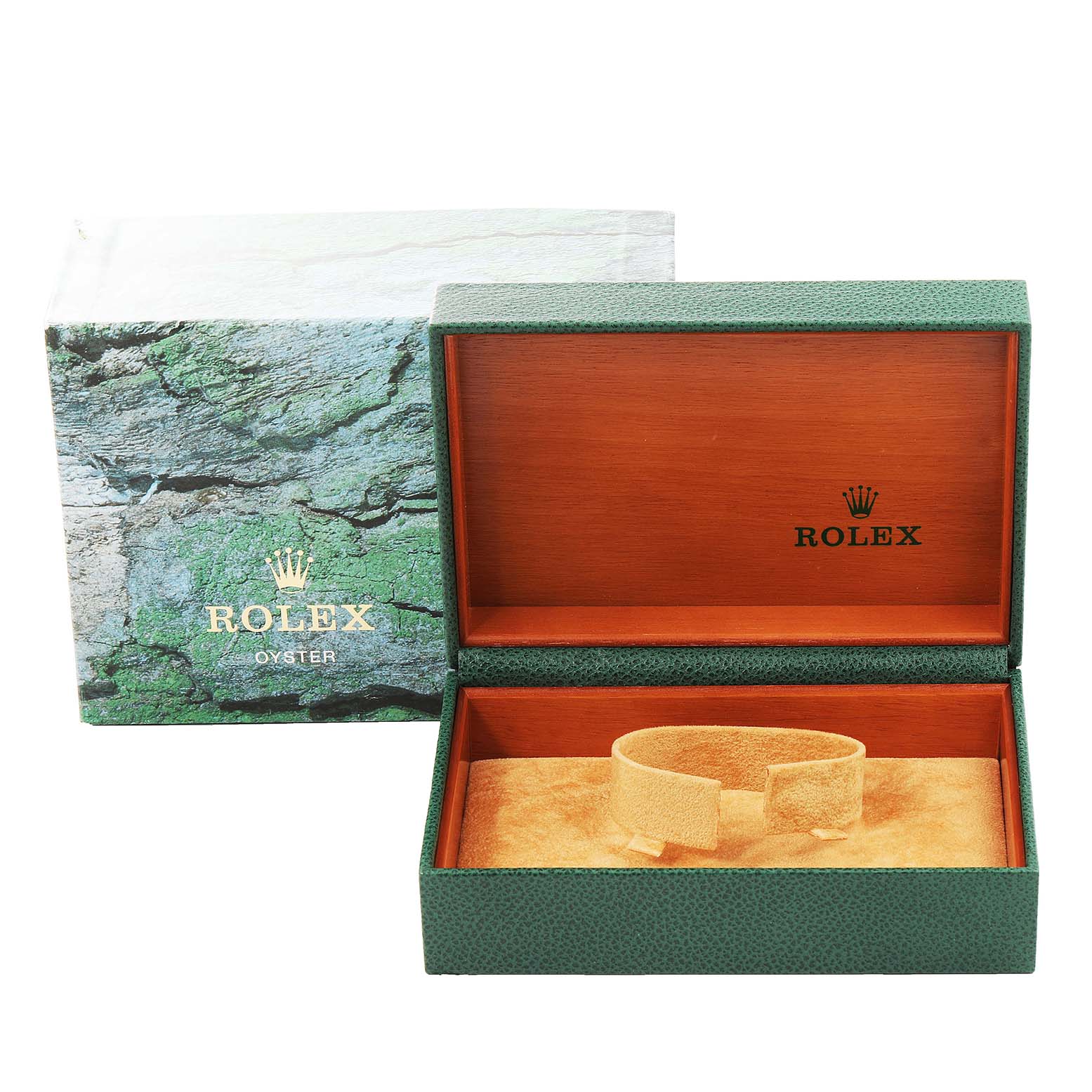 The image shows an empty Rolex Yacht-Master 68623 Men
s Steel and Gold (two tone) Champagne Dial 68623 Men
s Steel and Gold (two tone) Champagne Dial watch box, open to display the interior.