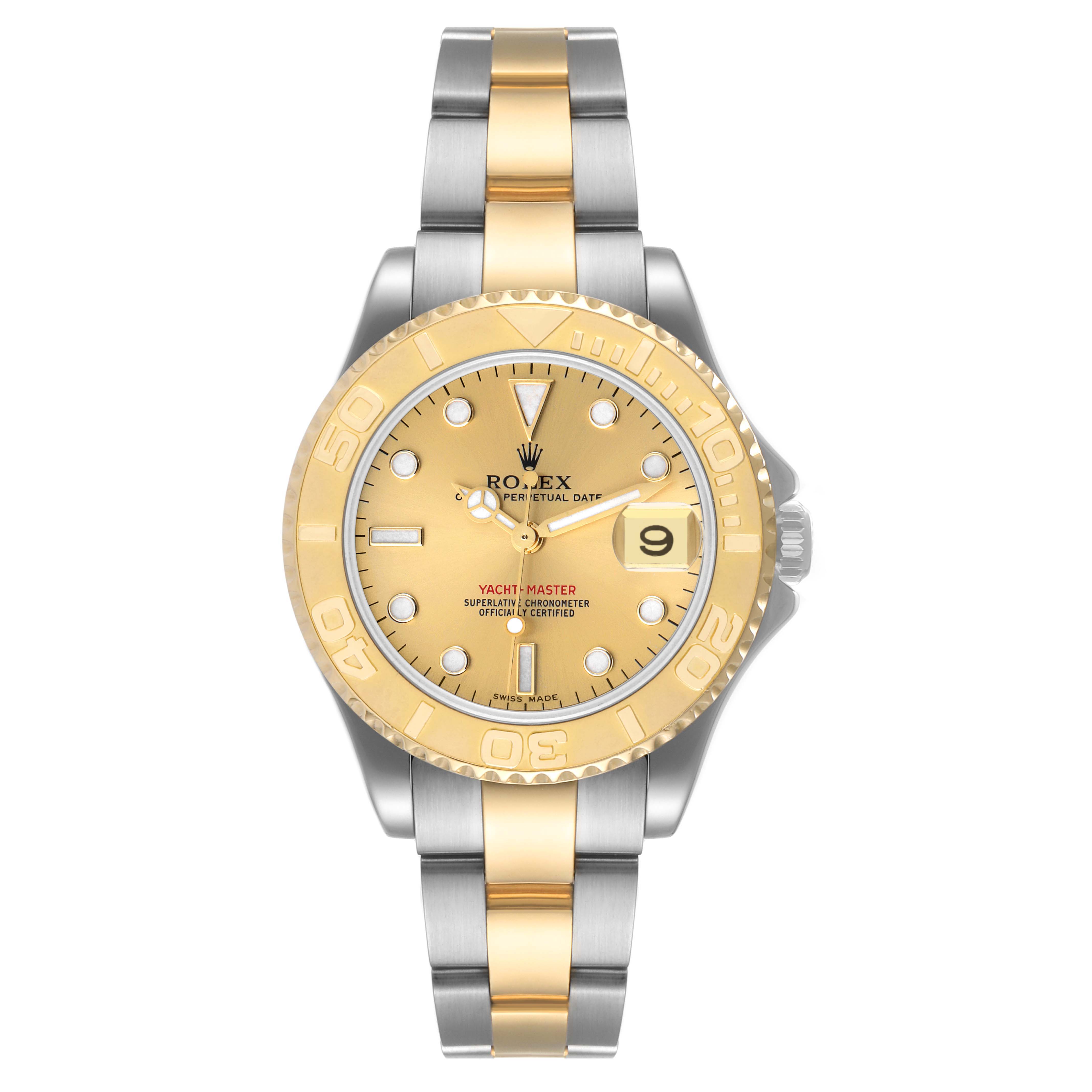 The Rolex Yacht-Master 68623 Men
s Steel and Gold (two tone) Champagne Dial 68623 Men
s Steel and Gold (two tone) Champagne Dial watch is shown from a front angle, displaying its face, bezel, crown, and two-tone bracelet.