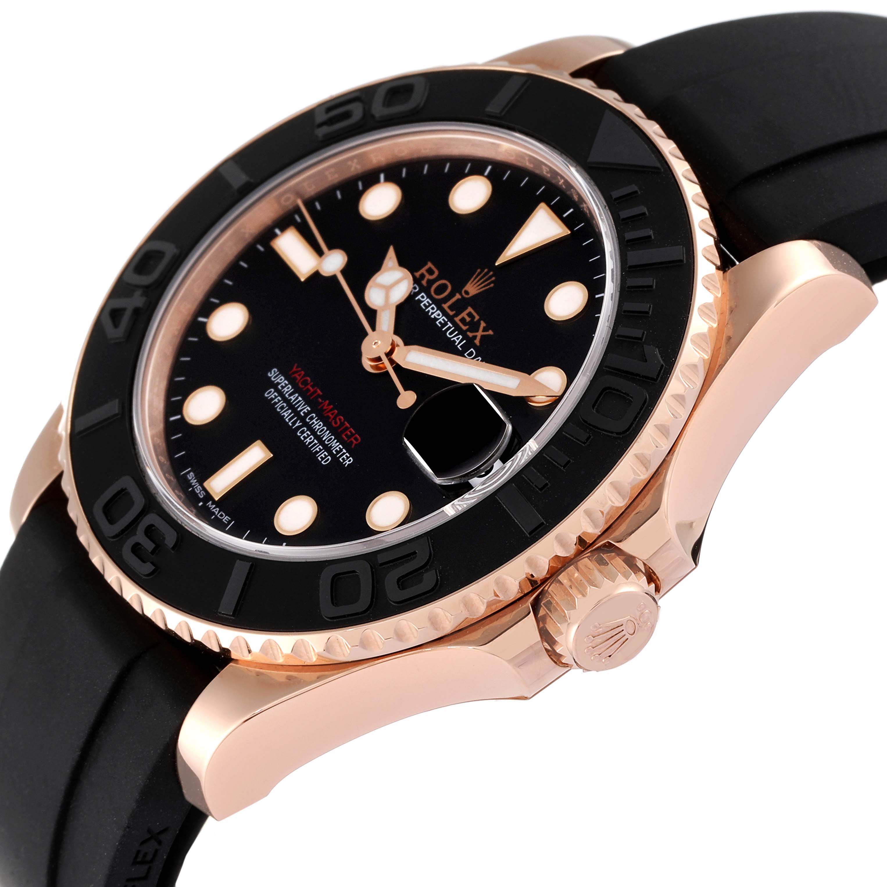 The image shows a Rolex Yacht-Master 268655 Men's Rose Gold Black Dial 268655 Men's Rose Gold Black Dial watch angled from the side, highlighting its dial, bezel, crown, and part of the strap.