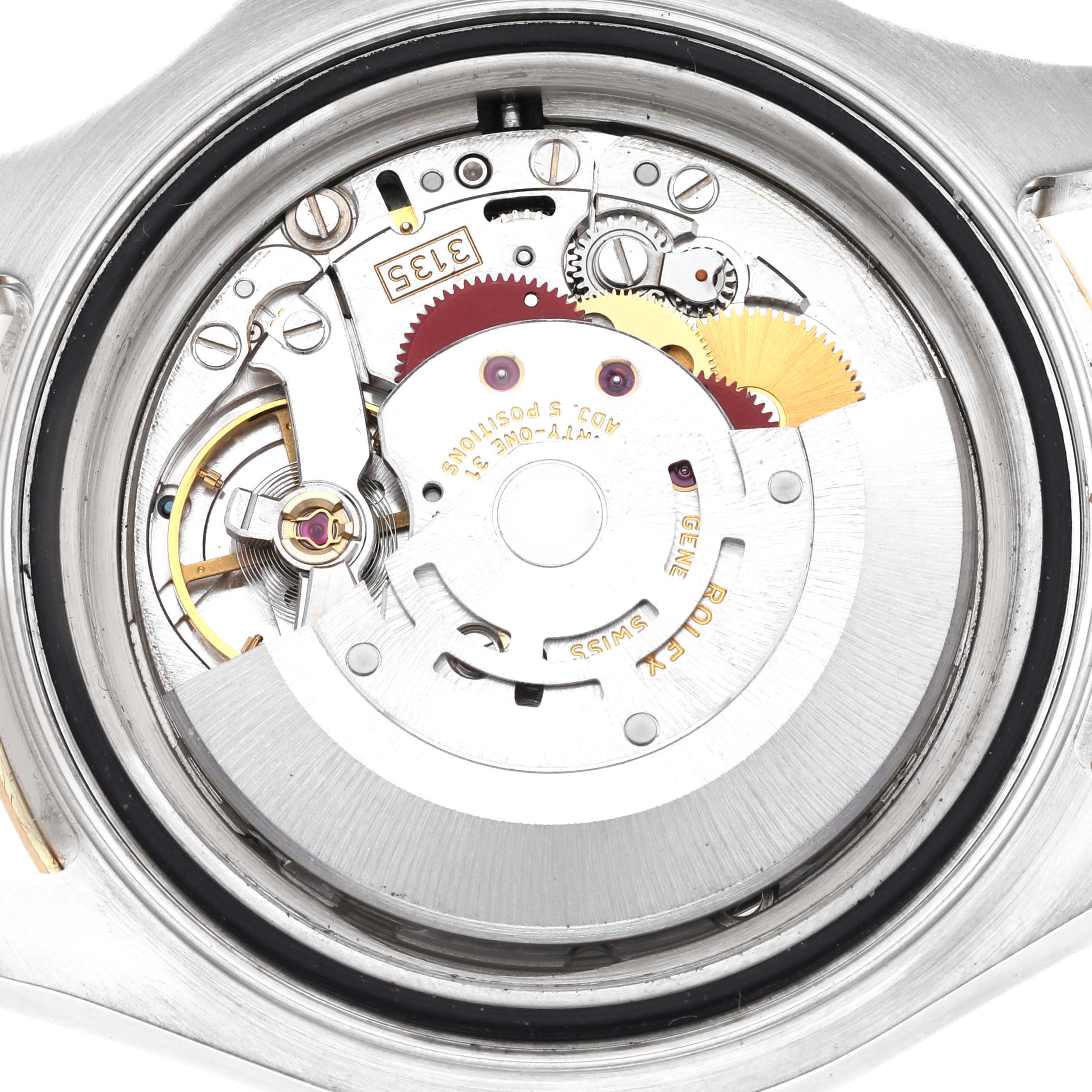 The image shows the internal mechanism of a Rolex Yacht-Master 16623 Men's Steel and Gold (two tone) Champagne Dial 16623 Men's Steel and Gold (two tone) Champagne Dial watch from a close-up, top-down angle.
