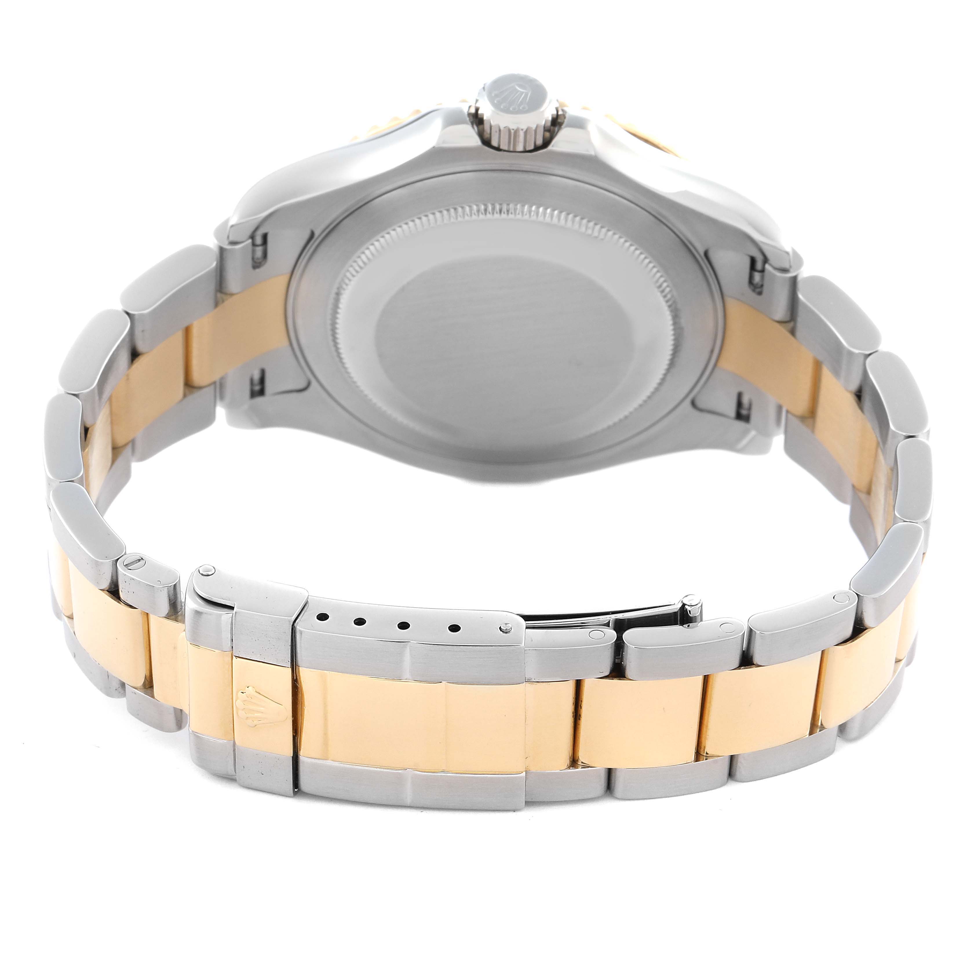The image shows the back of a Rolex Yacht-Master 16623 Men's Steel and Gold (two tone) Champagne Dial 16623 Men's Steel and Gold (two tone) Champagne Dial, highlighting the case, crown, and two-tone metal bracelet.