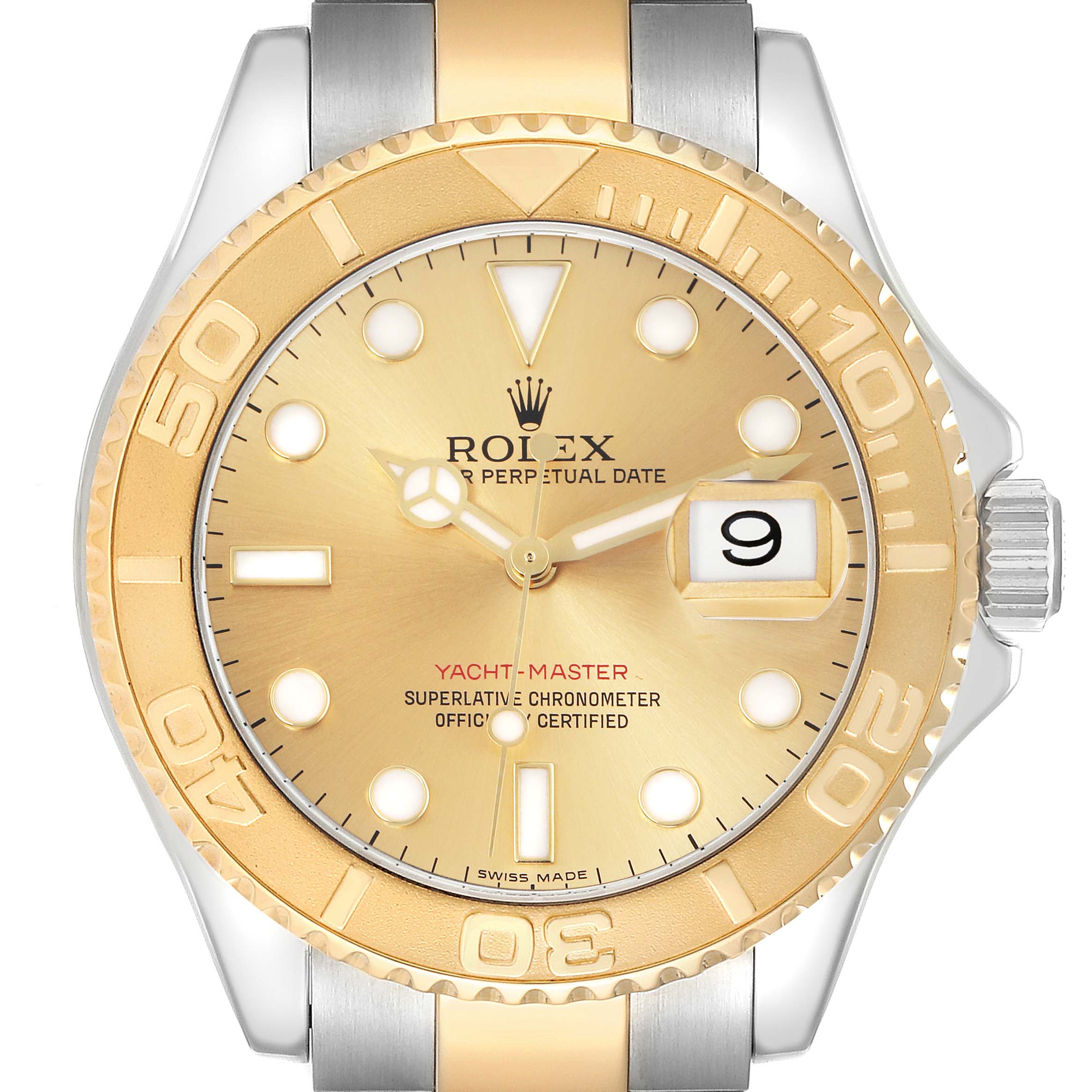 The Rolex Yacht-Master 16623 Men's Steel and Gold (two tone) Champagne Dial 16623 Men's Steel and Gold (two tone) Champagne Dial is shown from a front angle, highlighting the dial, bezel, crown, and part of the bracelet.