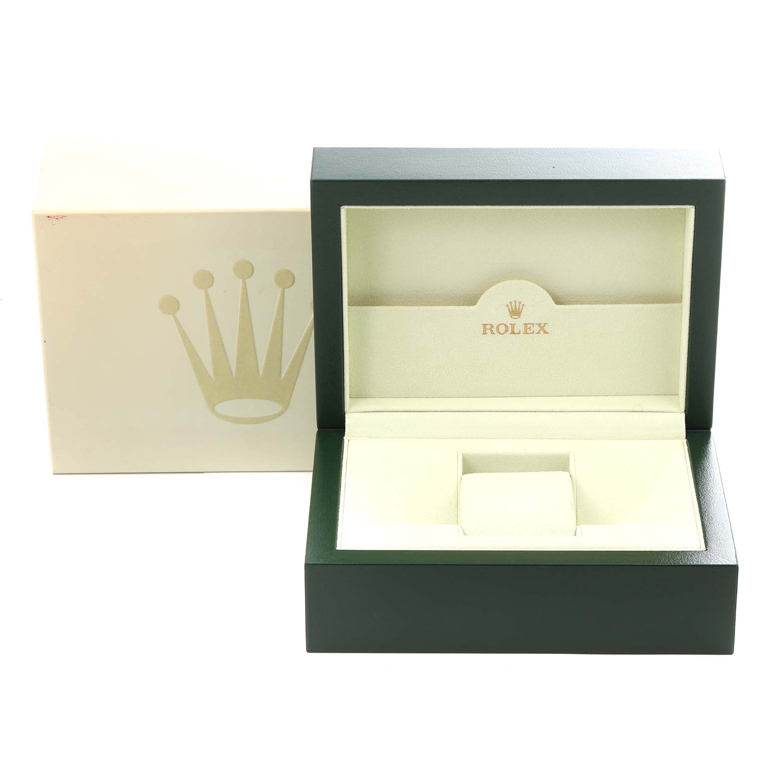 The image shows an open Rolex watch box for a Yacht-Master model, featuring the box and outer packaging.