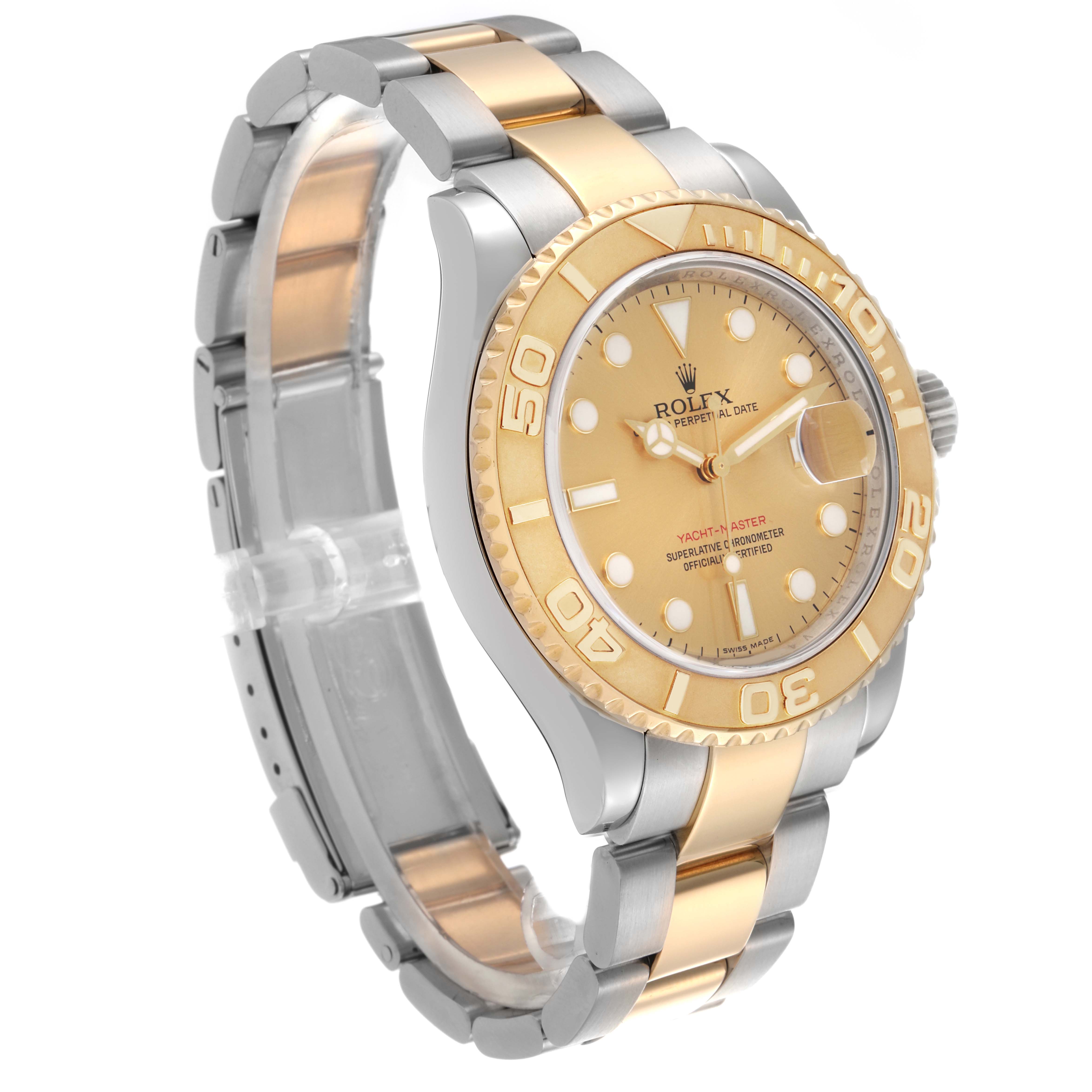 The Rolex Yacht-Master 16623 Men's Steel and Gold (two tone) Champagne Dial 16623 Men's Steel and Gold (two tone) Champagne Dial watch is shown at a three-quarter angle, highlighting its gold bezel and two-tone bracelet.