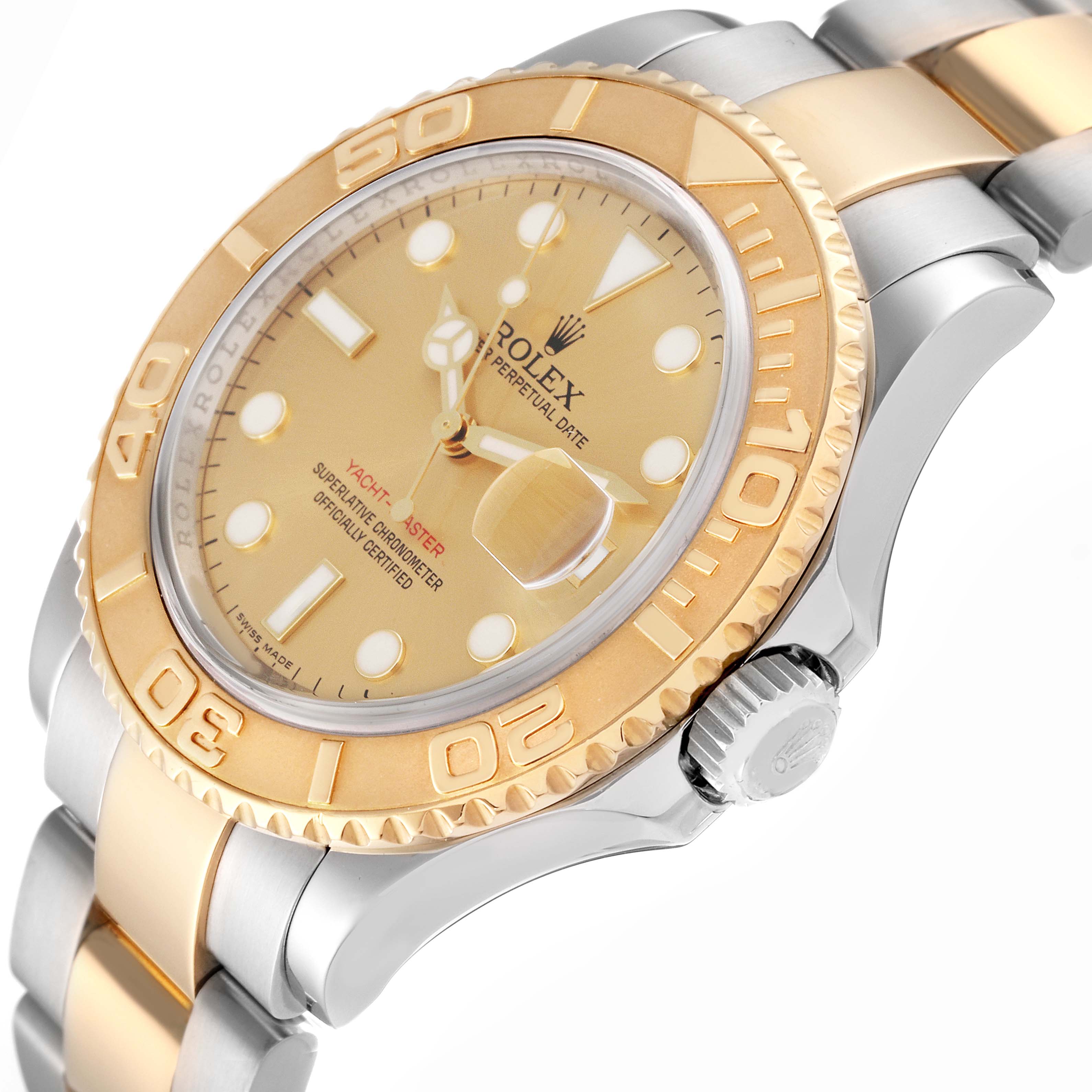 The Rolex Yacht-Master 16623 Men's Steel and Gold (two tone) Champagne Dial 16623 Men's Steel and Gold (two tone) Champagne Dial watch is shown at an angled side view, displaying its bezel, crown, dial, and part of the bracelet.