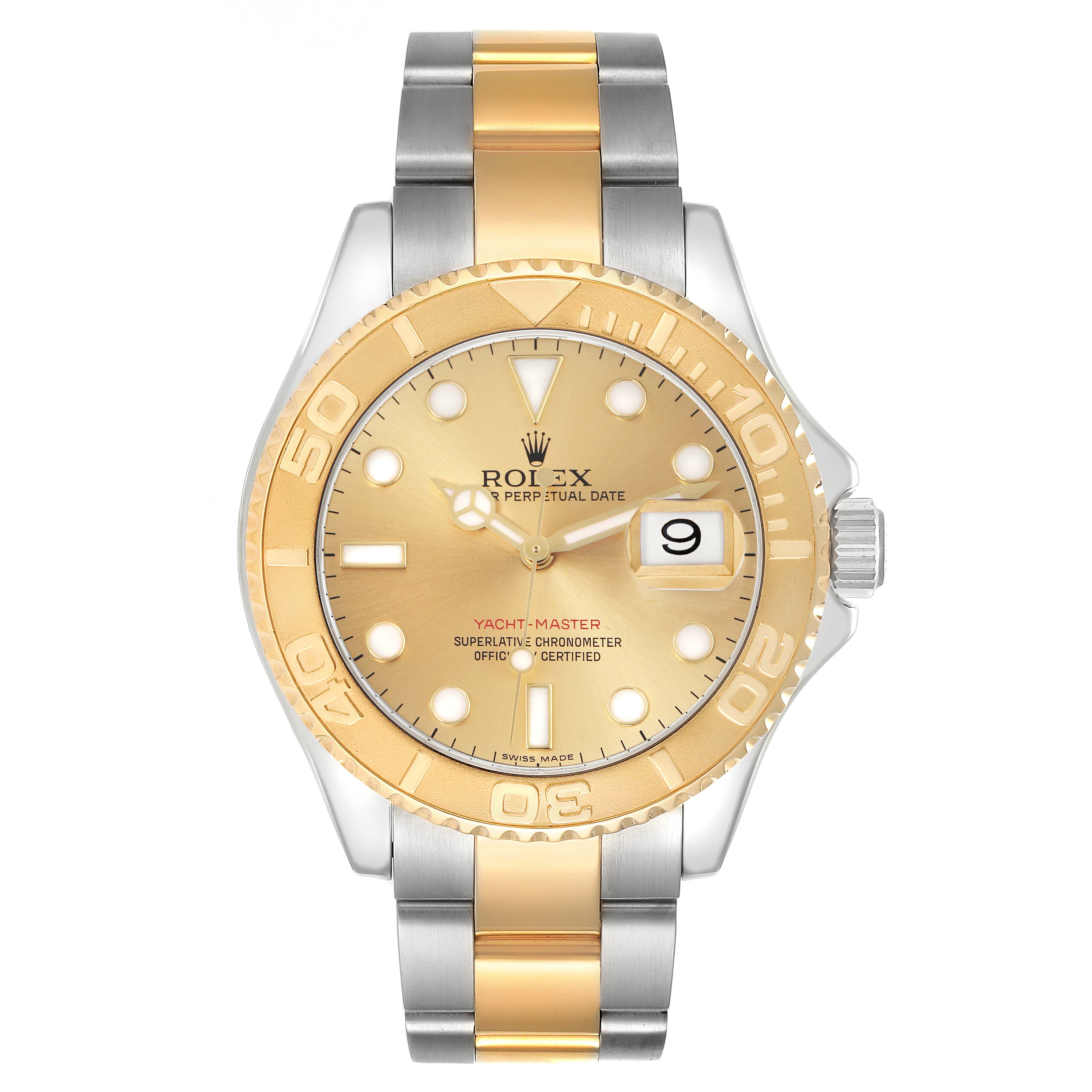 The Rolex Yacht-Master 16623 Men's Steel and Gold (two tone) Champagne Dial 16623 Men's Steel and Gold (two tone) Champagne Dial watch is shown from the front, displaying its dial, bezel, and two-tone bracelet.