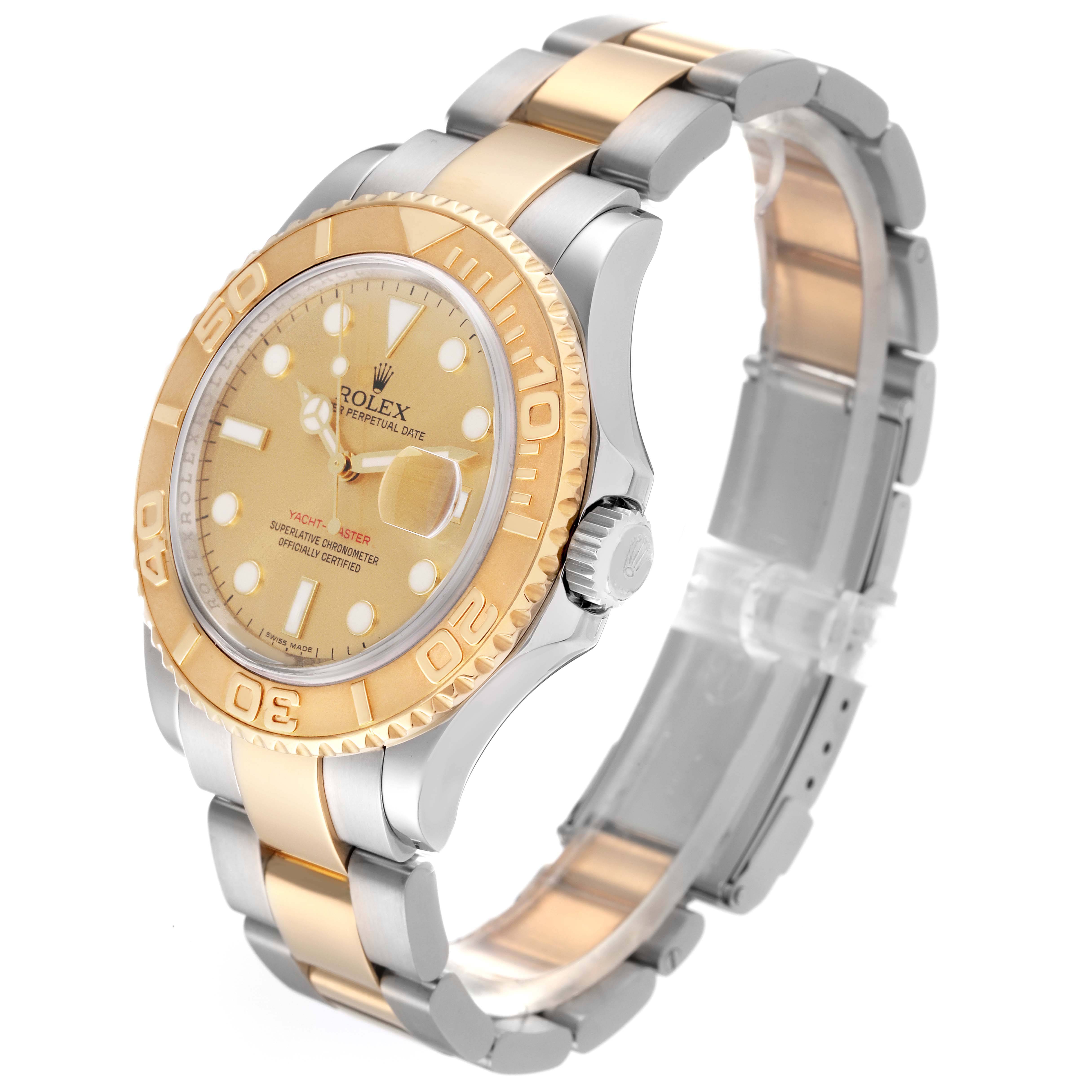 This image shows a side angle of a Rolex Yacht-Master 16623 Men's Steel and Gold (two tone) Champagne Dial 16623 Men's Steel and Gold (two tone) Champagne Dial watch, highlighting the bezel, face, bracelet, and crown.