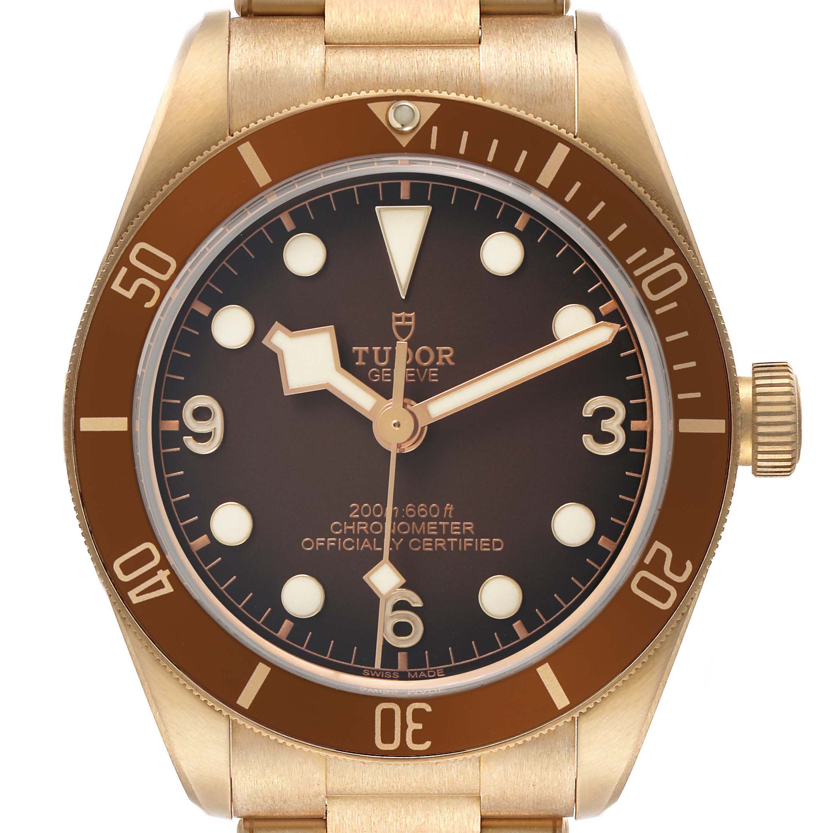 The Tudor Heritage Black Bay M79012M-0001 Men's Bronze Brown Dial watch is shown from the front, displaying the dial, bezel, and crown.