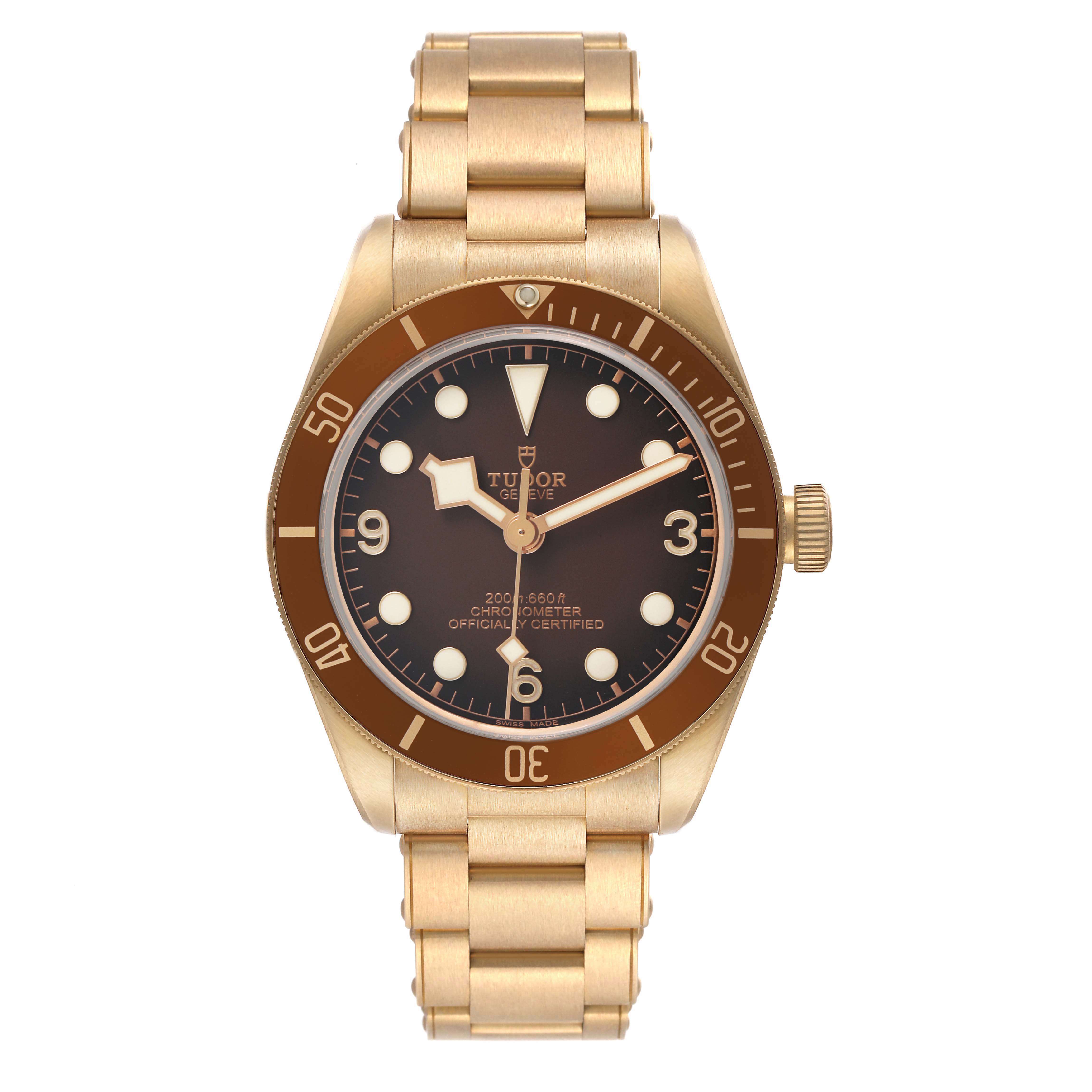 The Tudor Heritage Black Bay M79012M-0001 Men's Bronze Brown Dial watch is shown from the front, highlighting its dial, bezel, and bracelet.